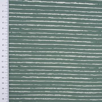 SCHÖNER LEBEN. Stoff Baumwolljersey Jersey Streifen unregelmäßig altgrün weiß 1,45m, allergikergeeignet