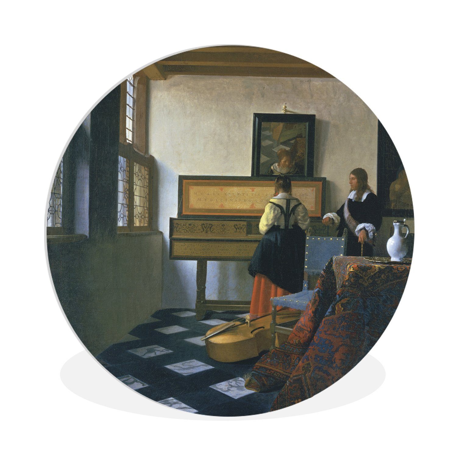 MuchoWow Gemälde Die Musikstunde - Johannes Vermeer, (1 St), Kreis Wanddekoration Forex, Rundes Wandbild, Wohnzimmer, 30x30 cm