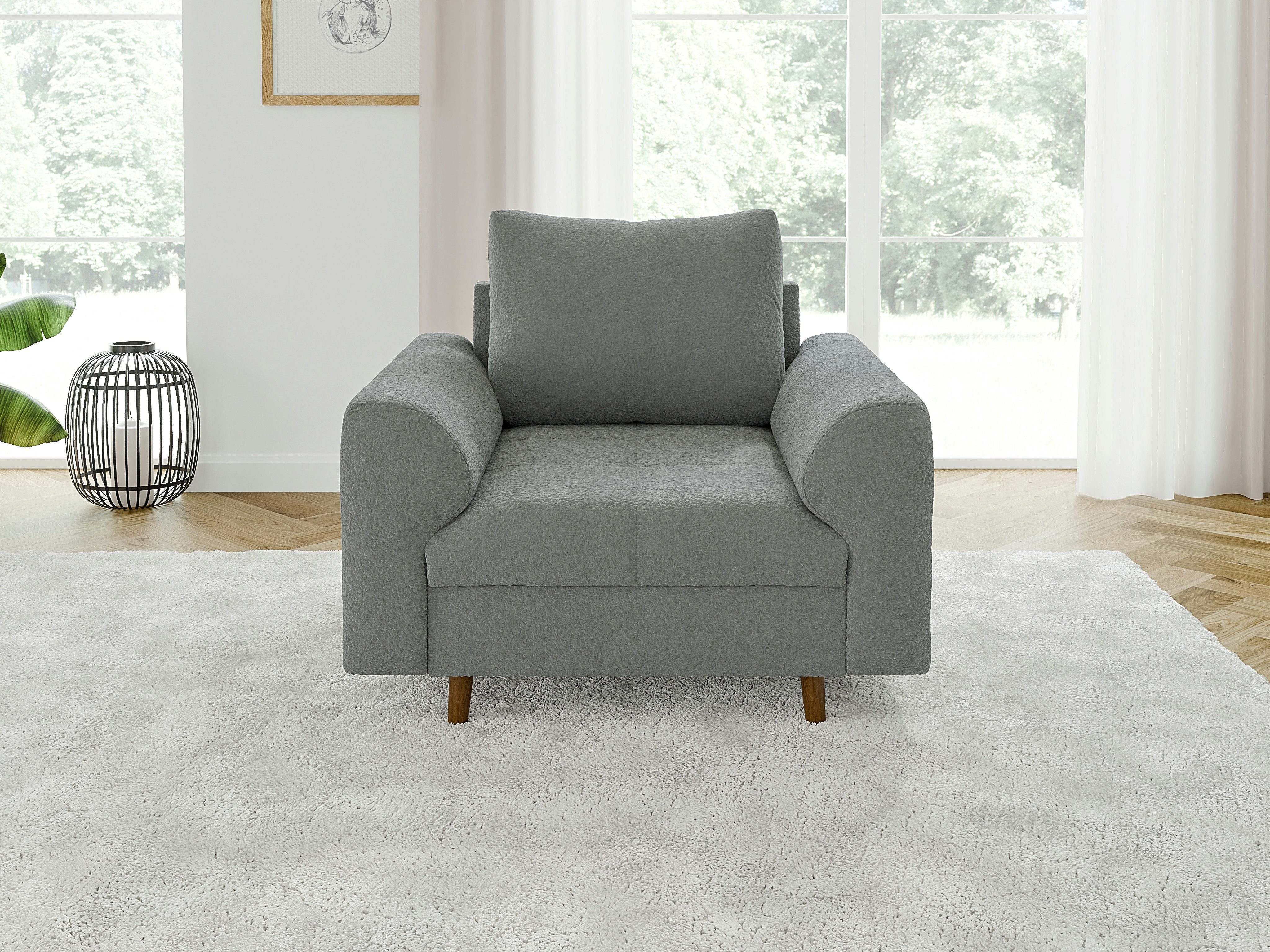 S-Style Möbel Sessel Leif mit Braun Holzfüßen im skandinavischen Stil aus Boucle-Stoff, mit Wellenfederung