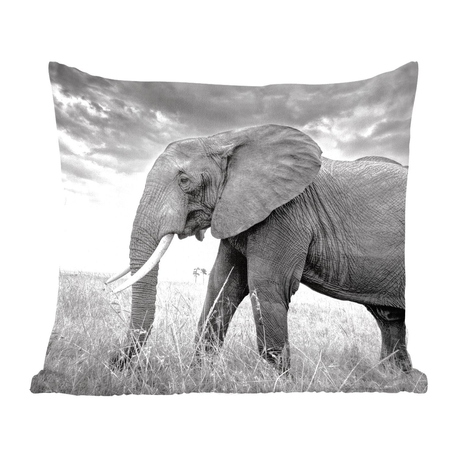 Schlafzimmer, Sofakissen Elefant Wohzimmer, für Schwarz MuchoWow Gras Tiere - und - Zierkissen weiß, - mit Deko, Füllung Dekokissen