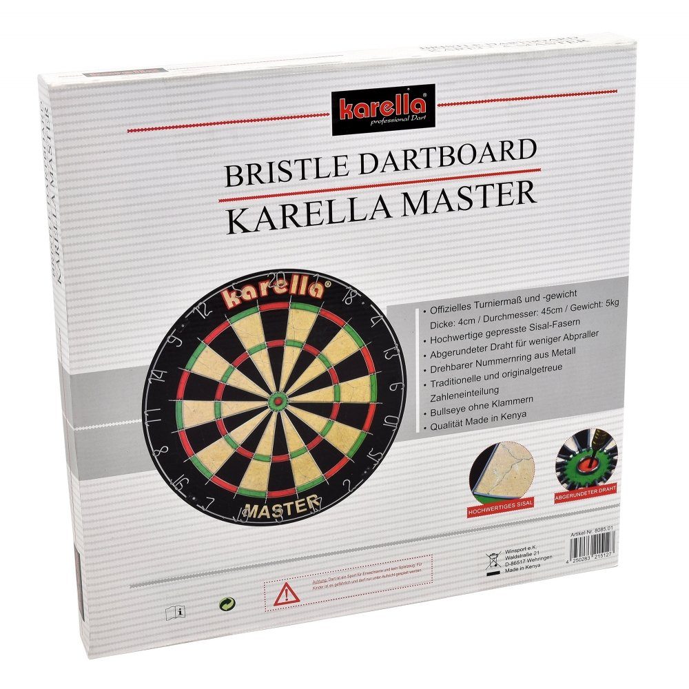 Ausrüstung Dartscheiben Karella Dartscheibe Dartboard Master im Set inklusive 2 Satz Steeldarts und Dartmatte Eco-Star, (Spar-Se