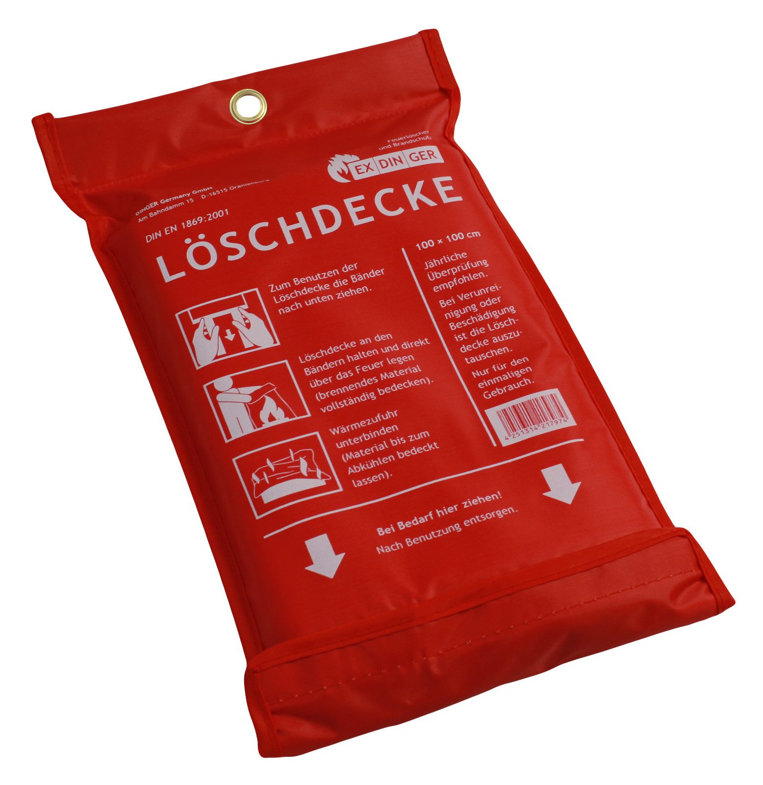 EXDINGER Löschdecke Feuerlöschdecke 100x100 cm gemäß DIN EN 1869:2001, 100x100 cm, (1-St), rote Aufbewahrungstasche