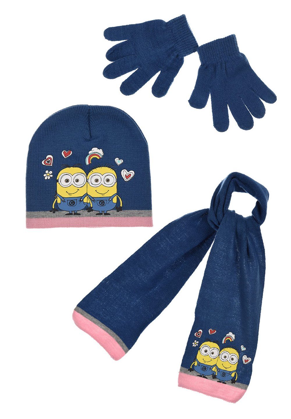 Minions Beanie Kinder Mädchen Winter-Set Mütze Schal Handschuhe (SET) Dunkel-Blau