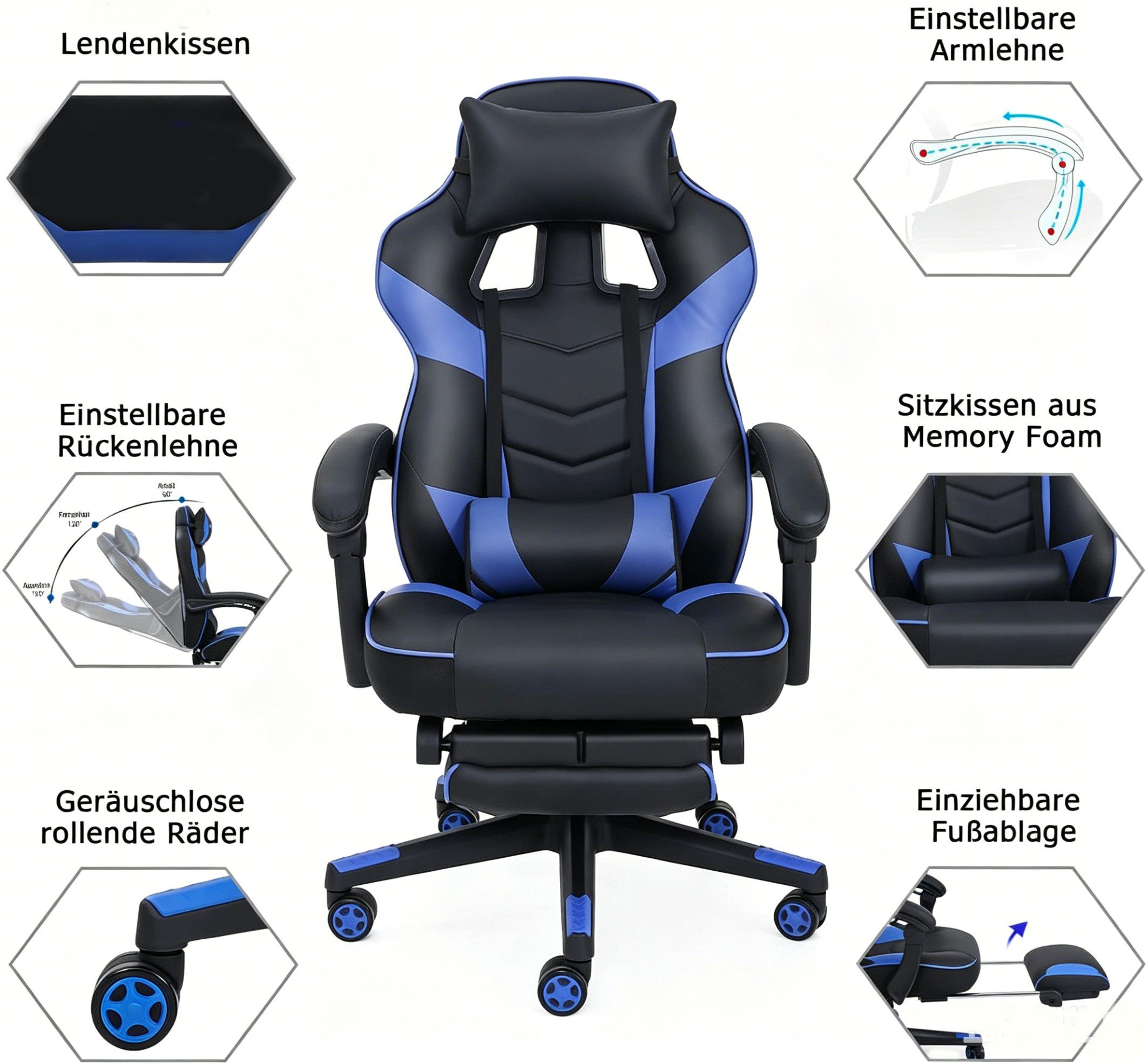 Puluomis Gaming-Stuhl mit Fußstütze 150kg, Bürostuhl Ergonomisch Chefsessel Racing Stuhl