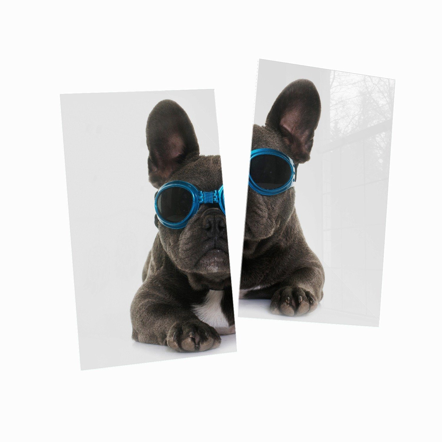 Wallario Herd-Abdeckplatte Cooler (Glasplatte, verschiedene mit blau - ESG-Sicherheitsglas, Sonnenbrille Bulldogge, inkl. Hund Französische in tlg., Größen 2 5mm Noppen)