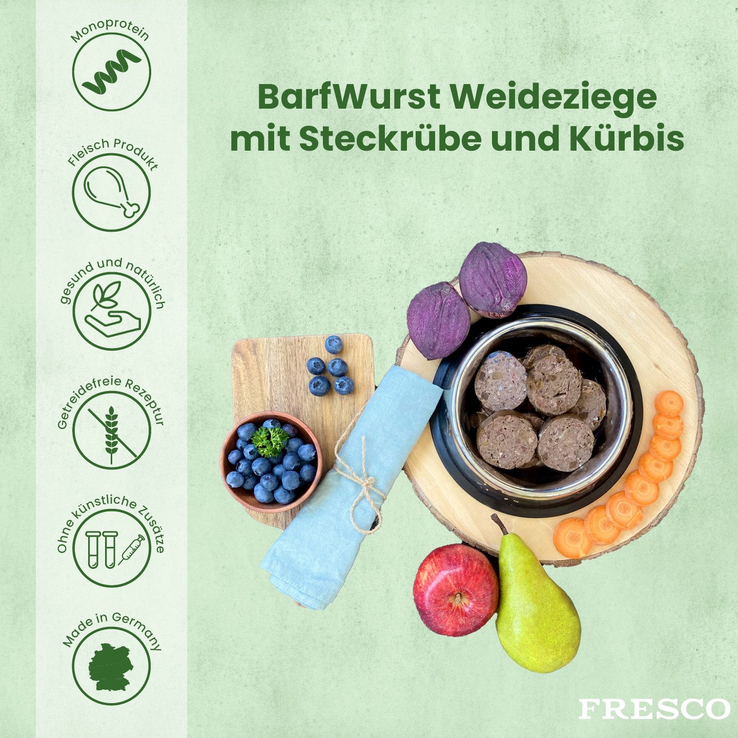 Fresco Dog Hundewurst schnittfest Weideziege mit Steckrübe & Kürbis I 2 x 400g, Nassfutter für: Hunde, Getreidefrei, Mono-Protein & 80% Frischfleisch