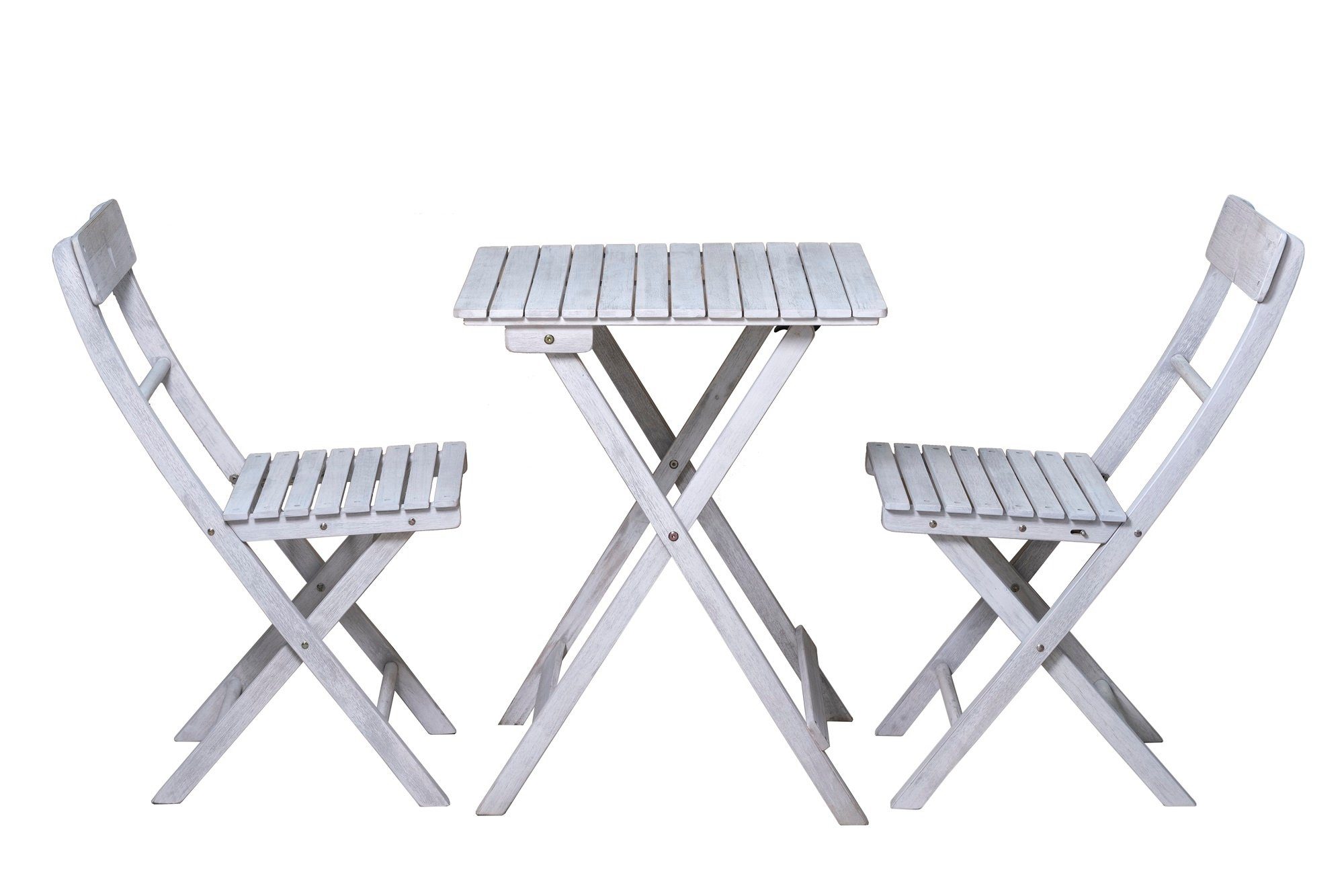 TPFGarden Sitzgruppe AKANA - Gartenlounge-Set aus geöltem Akazienholz, (Klappbare Balkonstühle und klappbarer Tisch, 3-tlg., Balkon Sitzgruppe mit 2 Stühlen und 1 Tisch - grau mit Vintage Finish), Maße (BxHxT): Klappstuhl 38x82x51 cm - Tisch 58x72x58 cm