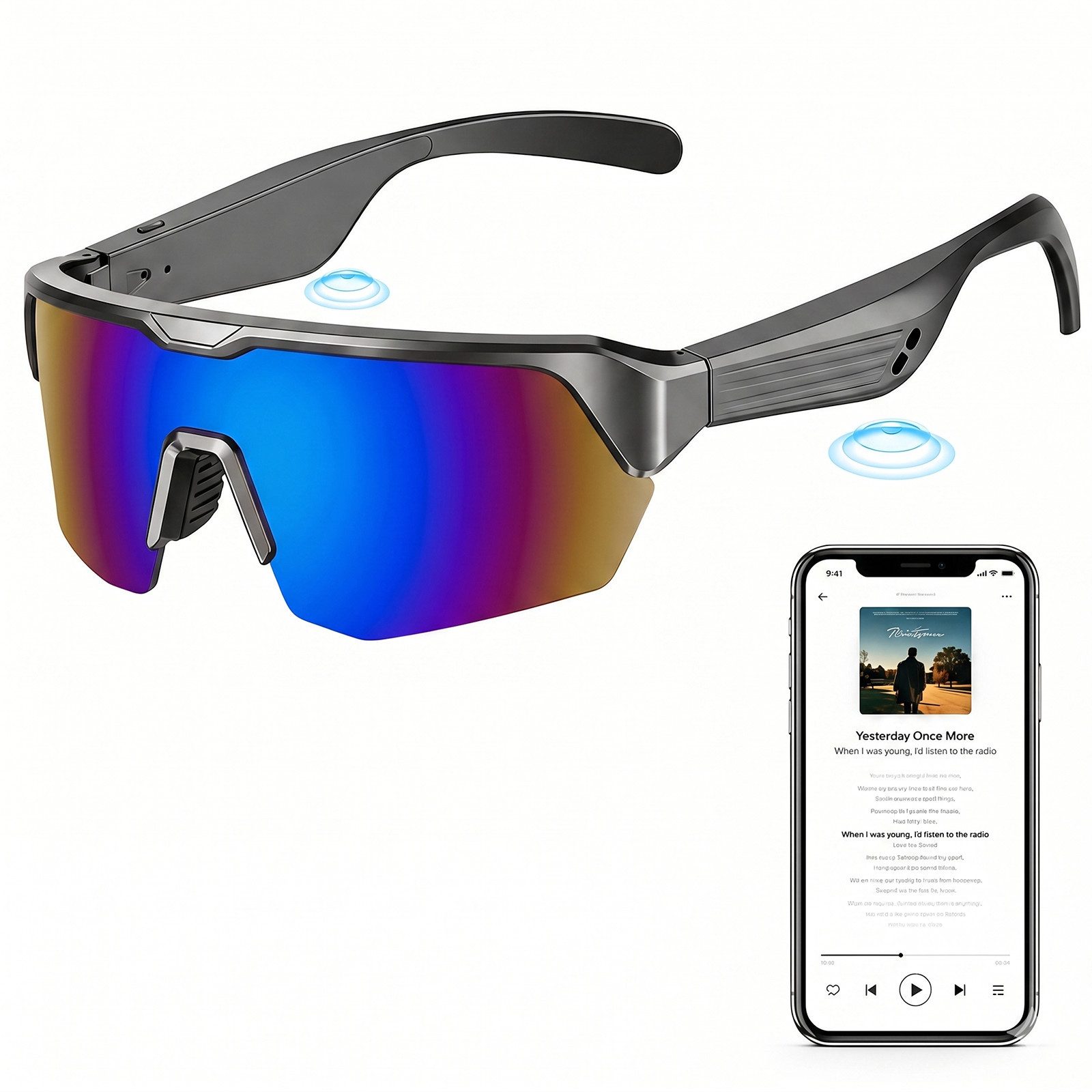 MOPUEA Sonnenbrille Bluetooth Sportbrille Fahrradbrille Open-Ear Audio Freisprechfunktion (Bluetooth Sportbrille mit Freisprechfunktion, Kabellose Sportbrille mit Bluetooth 5.3 und UV-Schutz) Freihändiges Telefonieren und Musik beim Sport