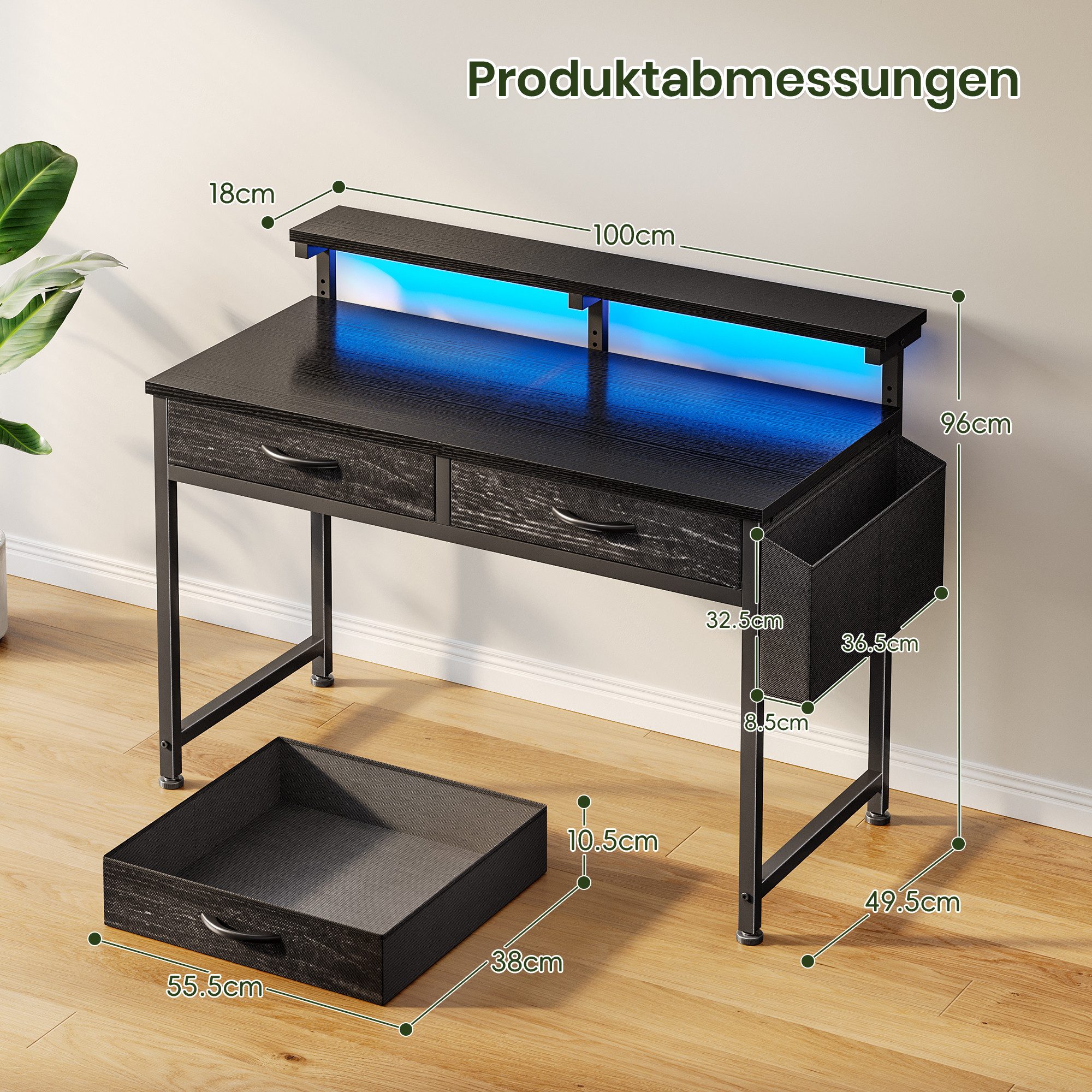 Klyvvo Schreibtisch mit 3 Schubladen, Gaming Schreibtisch mit LED Bieten Stauraum (1-St., Monitorständer & Seitenfach, Gaming Tisch RGB mit Fernbedienung), Kompakte Maße Passen Gut in Studierende, Home-Office-Arbeiter