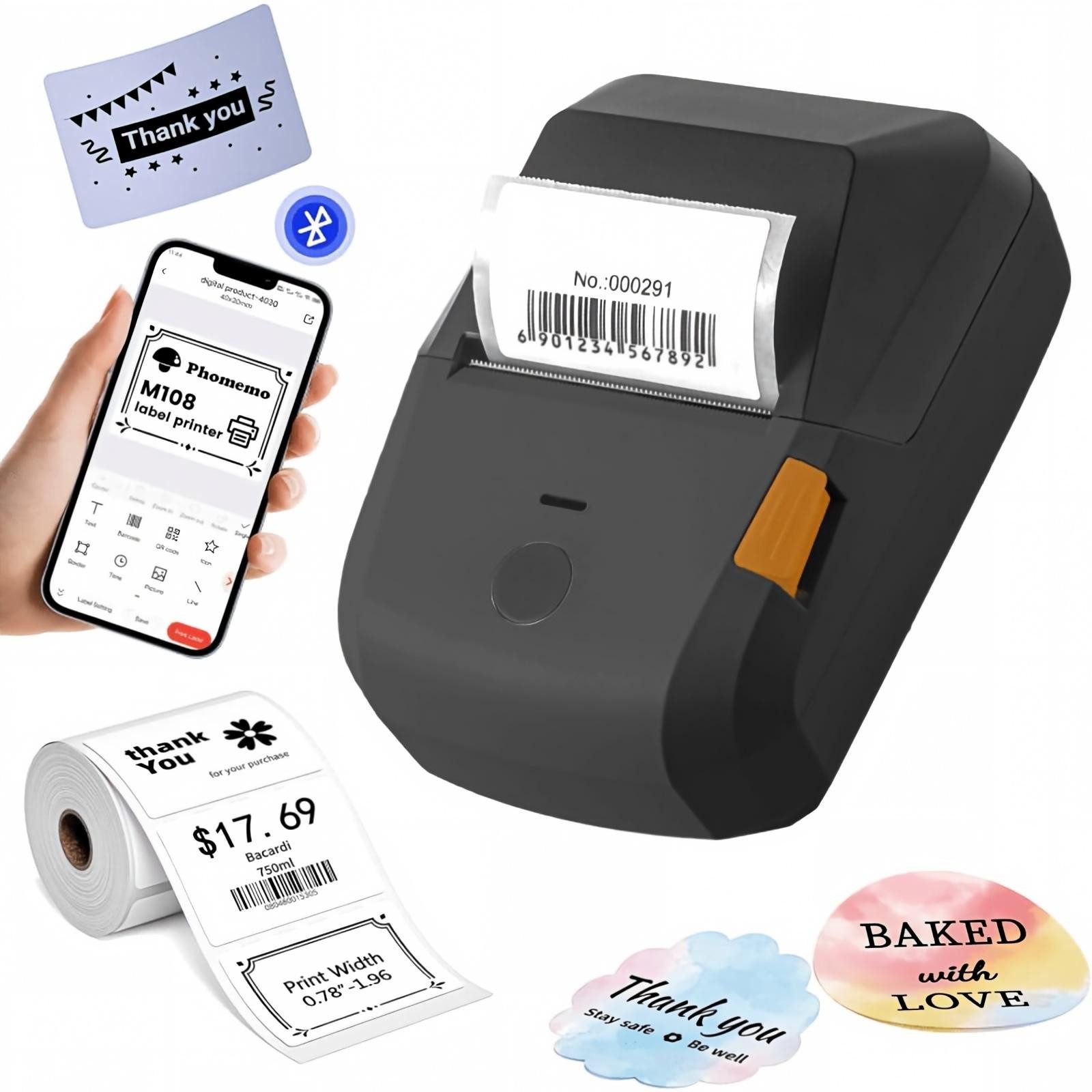 AIBISTAR Bluetooth-Etiketten-Drucker, Etikettiergerät, 2000mAh Thermodrucker Etikettendrucker, (für Text, Logo, Barcode, QR-Code, Preis- & Namensetiketten)