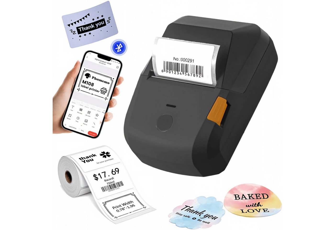 AIBISTAR Bluetooth-Etiketten-Drucker, Etikettiergerät, 2000mAh Thermodrucker Etikettendrucker, (für Text, Logo, Barcode, QR-Code, Preis- & Namensetiketten)