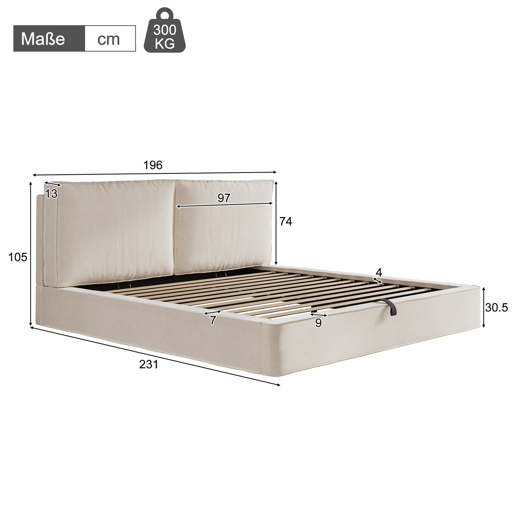 KLAM HOME Polsterbett Beiges Polsterbett aus Chenille mit gepolstertem hohem Kopfteil (Doppelbett 180x200cm mit Hydraulik-Stauraum und Lattenrost), Funktionsbett mit Unterbettstauraum für aufgeräumtes Schlafzimmer