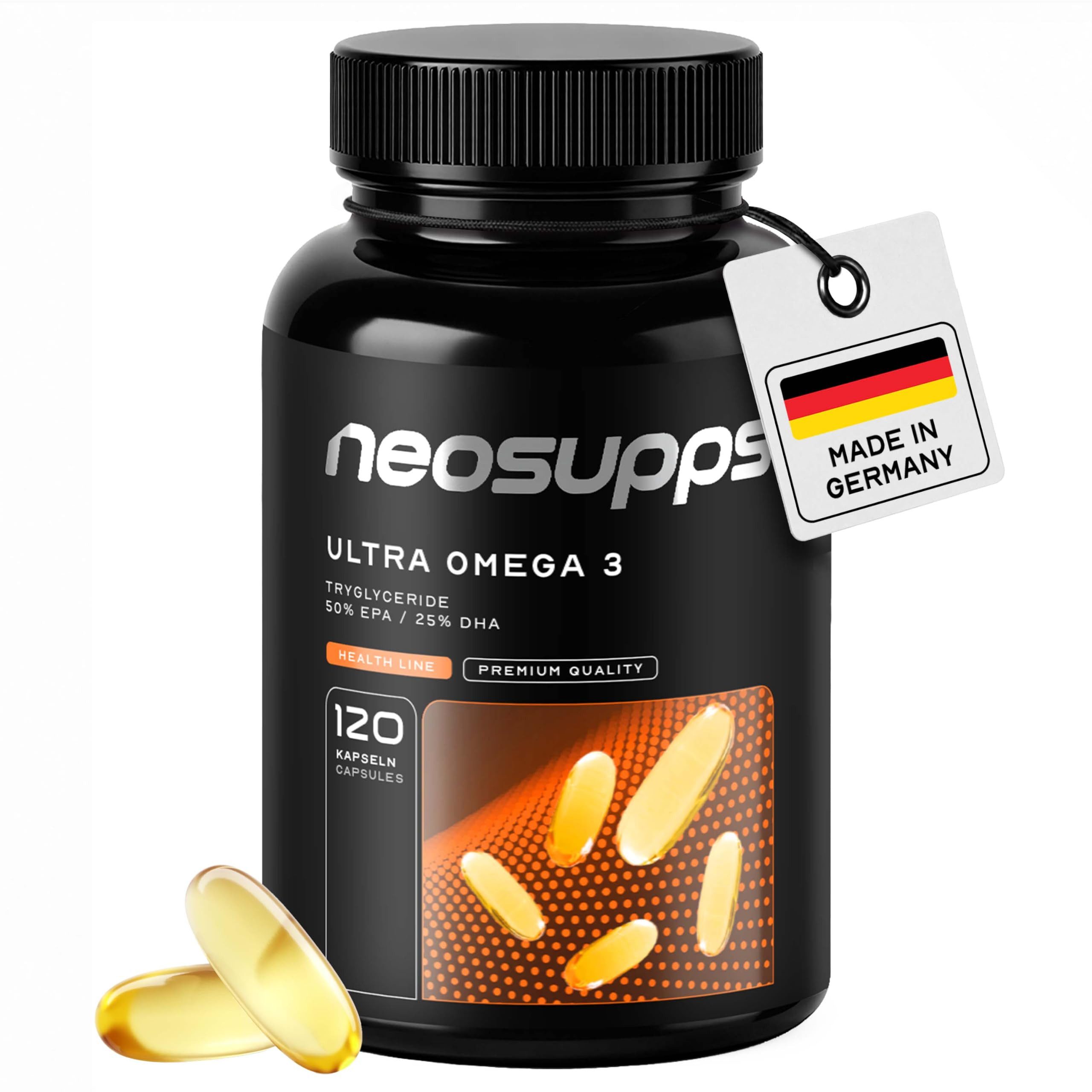 Neosupps Omega 3 hochdosiert, 2000mg Fischöl Dosis 500mg EPA & 250mg DHA, 120 Kapsel, unterstützt Herz, Gehirn, Augen, Gelenke & Haut, 60 Tagesportionen