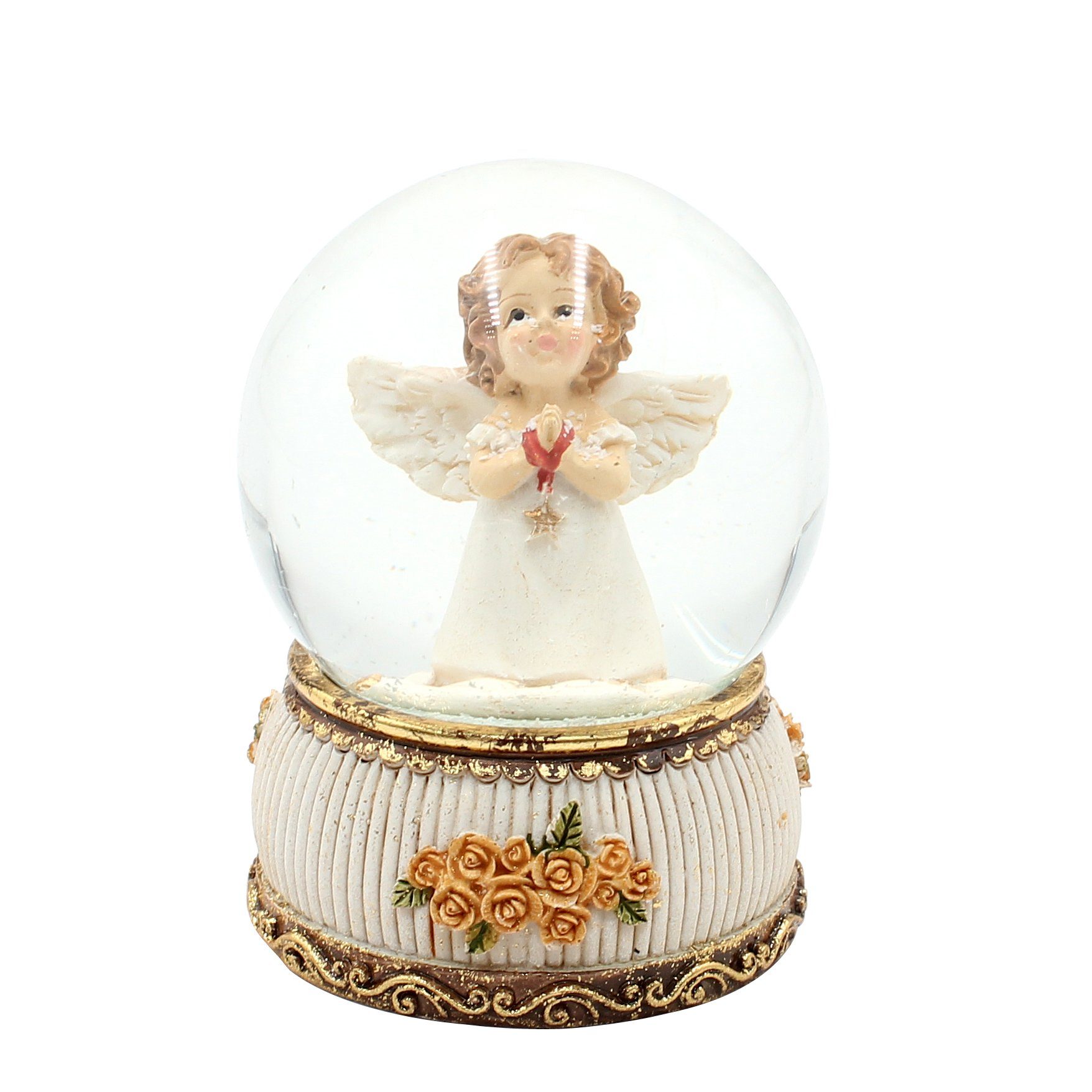 Dekohelden24 Schneekugel Schneekugel / Schüttelkugel mit Engel und antiken Sockel mit Rosen