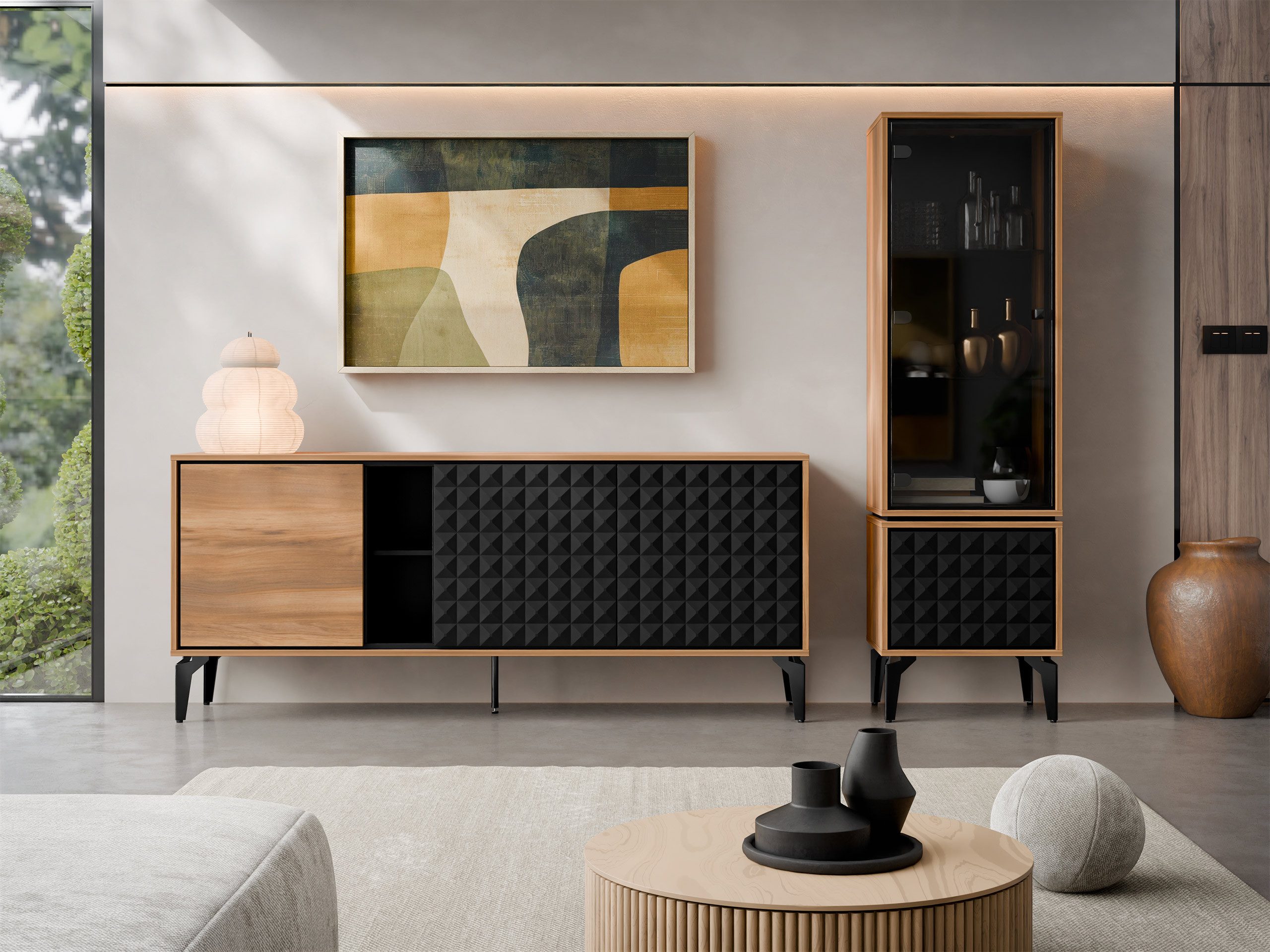 MIRJAN24 Wohnzimmer-Set Ella I, (2er-Set, Kommode, Vitrine), Schwarze Metallfüße