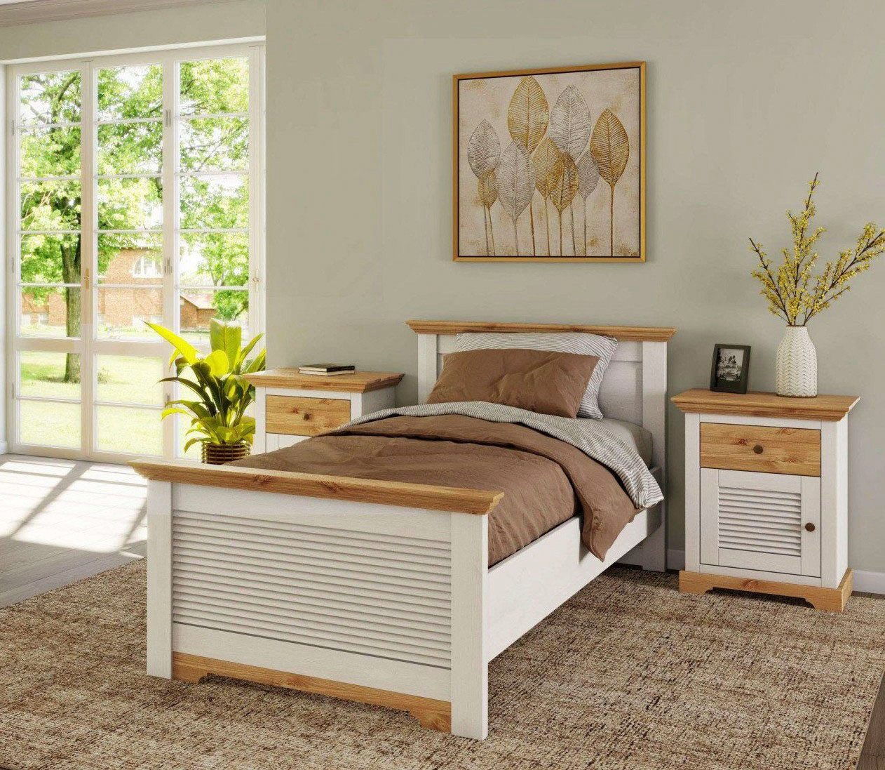 OTTO home Bett Rauna, Landhausstil, edles Design mit Lamellen und Kassetten, 2 Farben (Breite/Belastbarkeit 180cm=220 KG, 90cm=120KG), FSC® zertifiziertes Kieferholz, massive Qualität mit Lattenrost