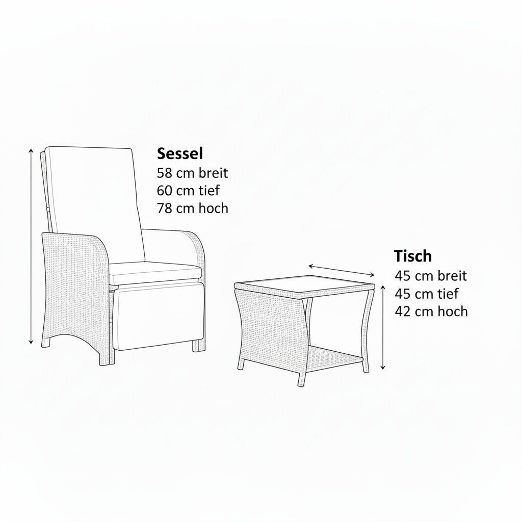 Mucola Balkonset Balkonmöbel-Set 3-teilig aus Polyrattan inkl. Auflagen für Balkon, (Balkonmöbel-Set, 3-tlg., 3-teiliges Balkonmöbel-Set für 2 Personen), platzsparendes Balkonmöbel-Set mit Polyrattan-Geflecht und Auflagen