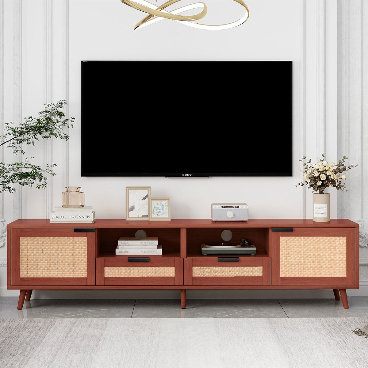 Wohnzimmer Holz-TV-Schrank Rattandesign und TV-Schrank XDeer für stilvolle mit Stabiler Echtholzfüßen TV-Ständer 200*37*49cm