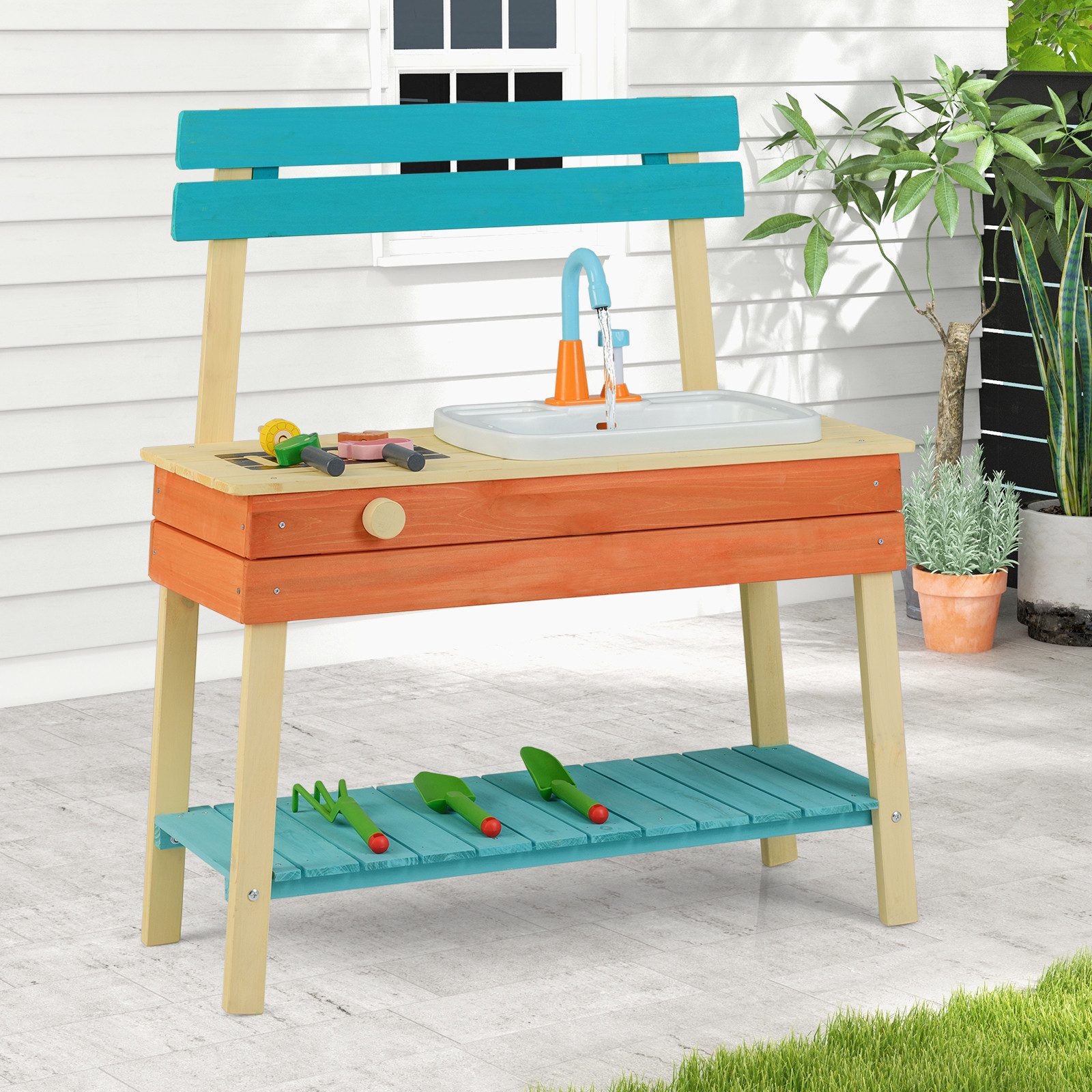 COSTWAY Spielküche Holz, Kinderkücheset mit Holzspießen & Gartenaccessoires