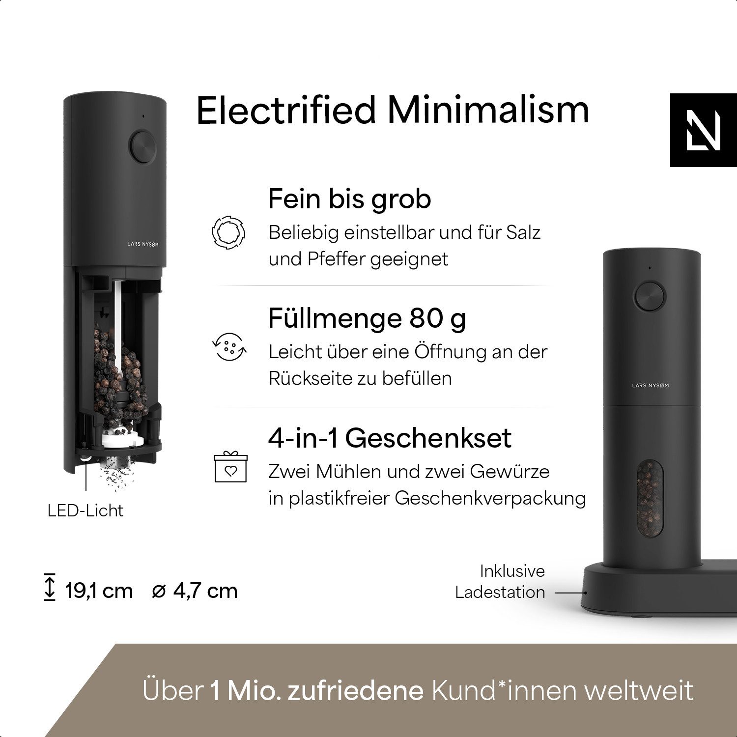 LARS NYSØM Gewürzmühle Spænding praktische Einhandbedienung per Drucktaste, (2 Stück), hochweritges Geschenkset mit elektrischen Gewürzmühlen – Bild 5 von 5