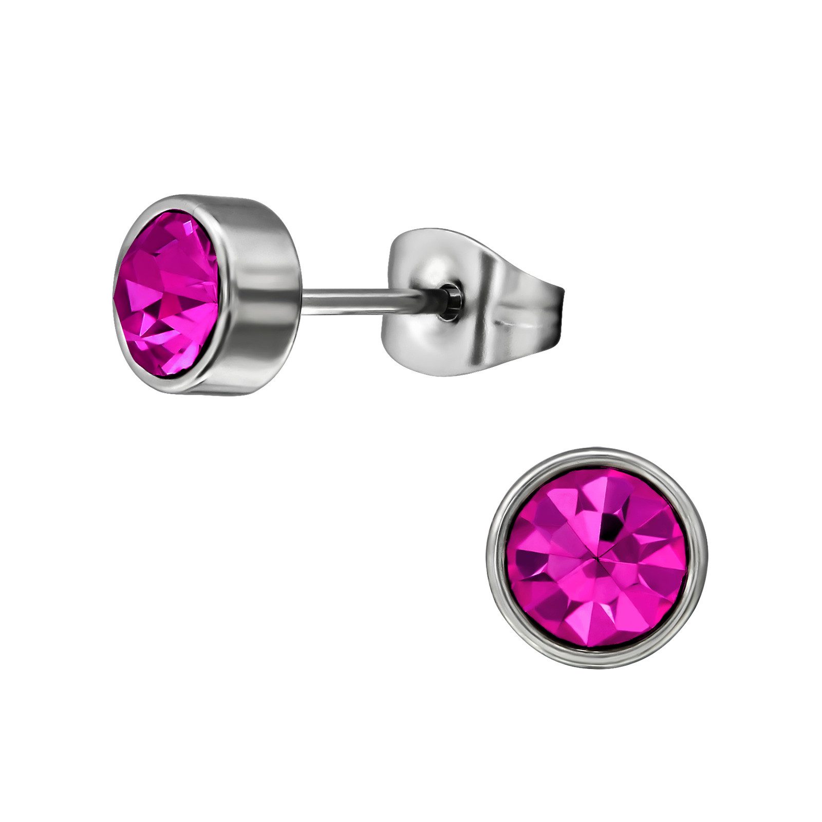 BUNGSA Ohrring-Set Ohrstecker rund 7mm Silber mit pinkem Kristall aus Edelstahl für Damen (1 Paar (2 Stück), 2-tlg), Ohrschmuck Ohrringe