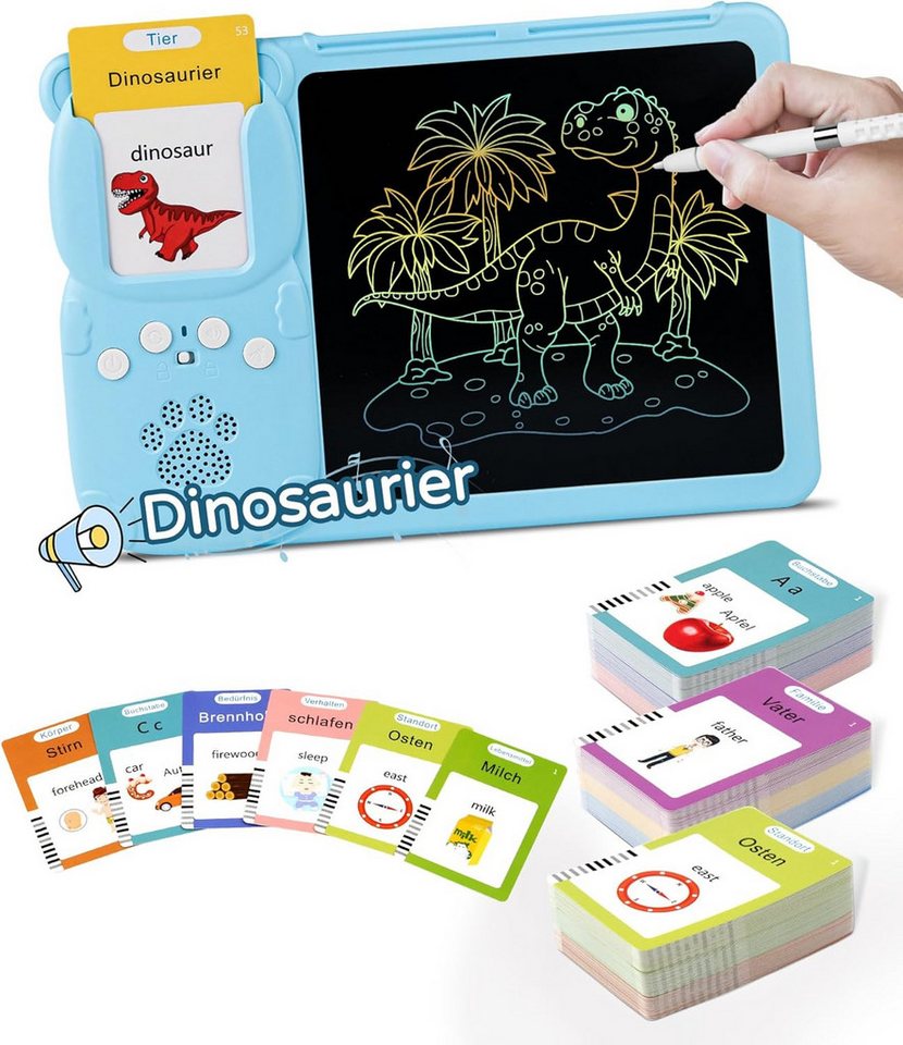 Fyrove Lernspielzeug Sprechende Lernkarten für Kinder, 510 Wörter Deutsch & Englisch (Montessori Lernspielzeug mit LCD Schreibtablett, Geschenk ab 2 Jahren), 2-in-1 Sprachlernspielzeug zum Lesen, Schreiben und Lernen