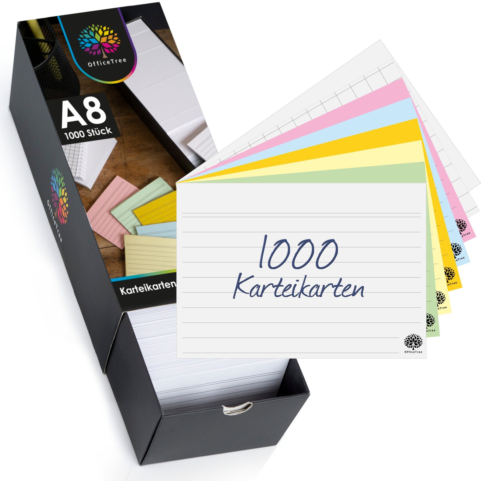 OfficeTree Karteikarten 1000 Karteikarten, A8 Liniert, Kariert, Blanco und  Bunt