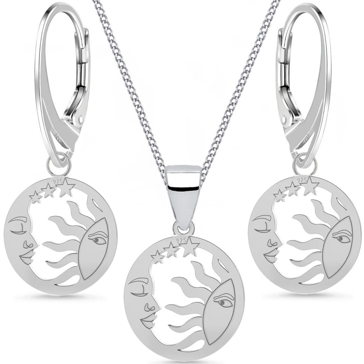 Goldene Hufeisen Schmuckset Sonne Mond Sterne Ohrringe Anhänger 40cm Kette 925 Silber Mädchen (4-tlg, inkl. Geschenk-Etui), Geschenkset