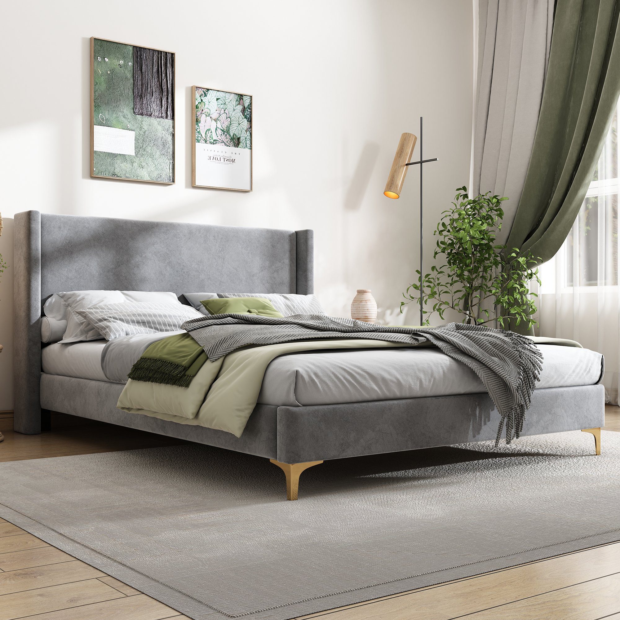Polsterbett (Doppelbett 140x200 cm), mit Lattenrost, gepolstertes Kopfteil, Metallfüße, Bezug aus Samt