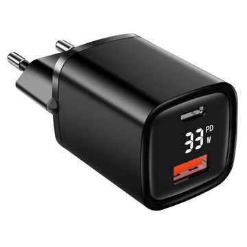 EAXUS 33 Watt USB-A + USB-C Netzteil mit Schnellladefunktion und Display USB-Ladegerät (4000,00 mA, optional inkl. Schnellladekabel, USB Power Delivery + QC4.0 Schnellladung, zeigt Ladegeschwindigkeit)