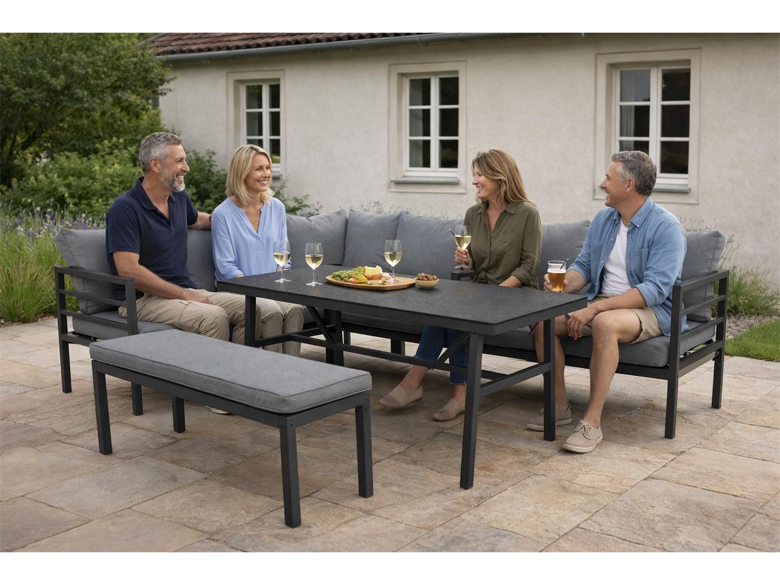 Green Spirit Loungeset »San Menaio« Lounge Set Ecklounge Loungemöbel Essgruppe Gartenmöbel, (Set, 4-tlg., eine Eckbank, eine Bank, ein Tisch), Aluminium, grau, 8 Personen, wetterfest - Garten, Terrasse & Outdoor
