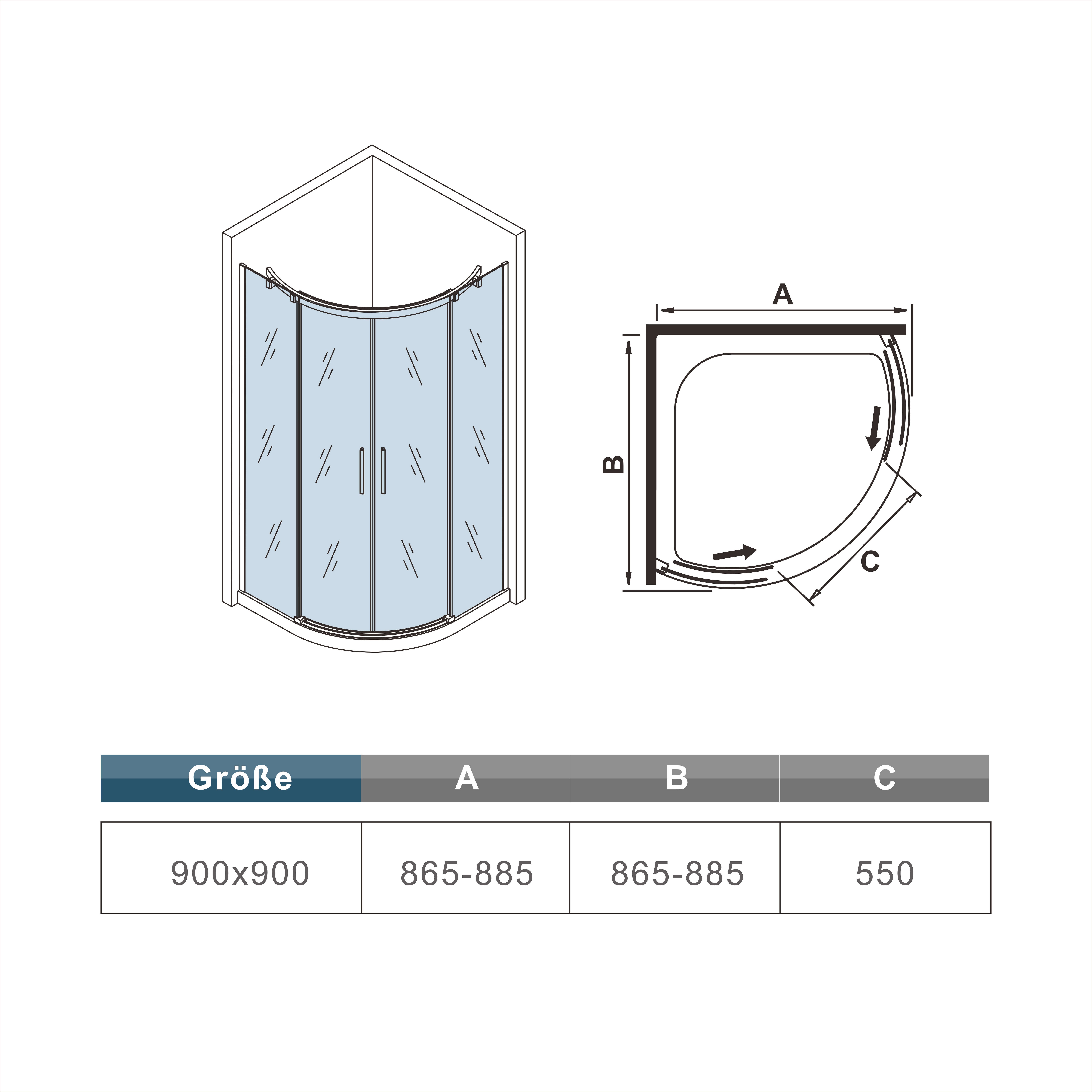 AICA Runddusche Runddusche Duschkabine Viertelkreis Eckdusche Schiebetür Duschtür, BxT: 90x90 cm, Set, mit Antikalk- Versiegelung