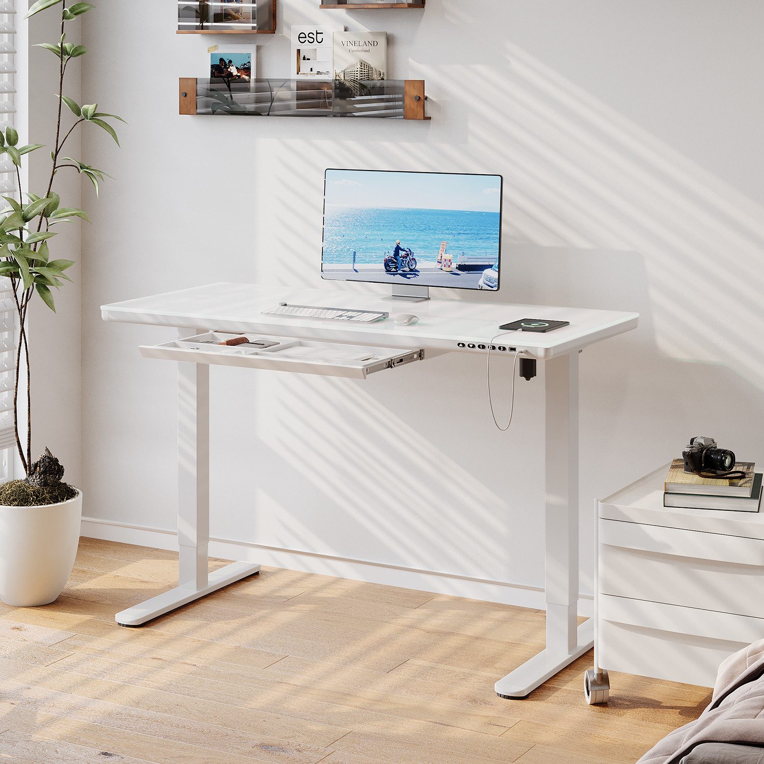 HOMALL Schreibtisch Glas Höhenverstellbarer elektrischer mit USB Aufladung 120*60/140*70