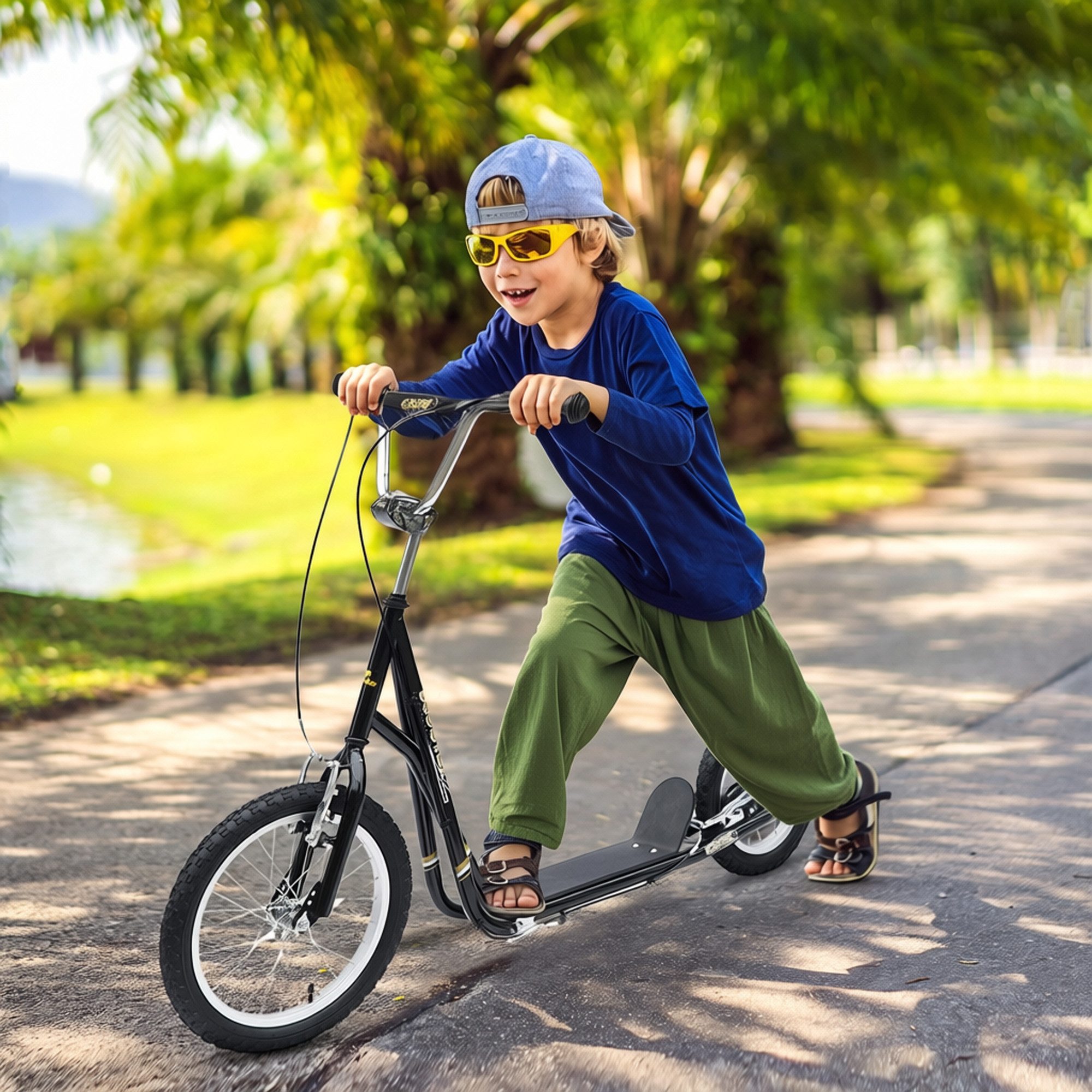 HOMCOM Cityroller Roller Kinderroller mit Luftreifen Handbremse, 16 Zoll Tretroller, 0 km/h, (Tretroller, 1 tlg., Kinderroller), für Außenbereich, Schwarz