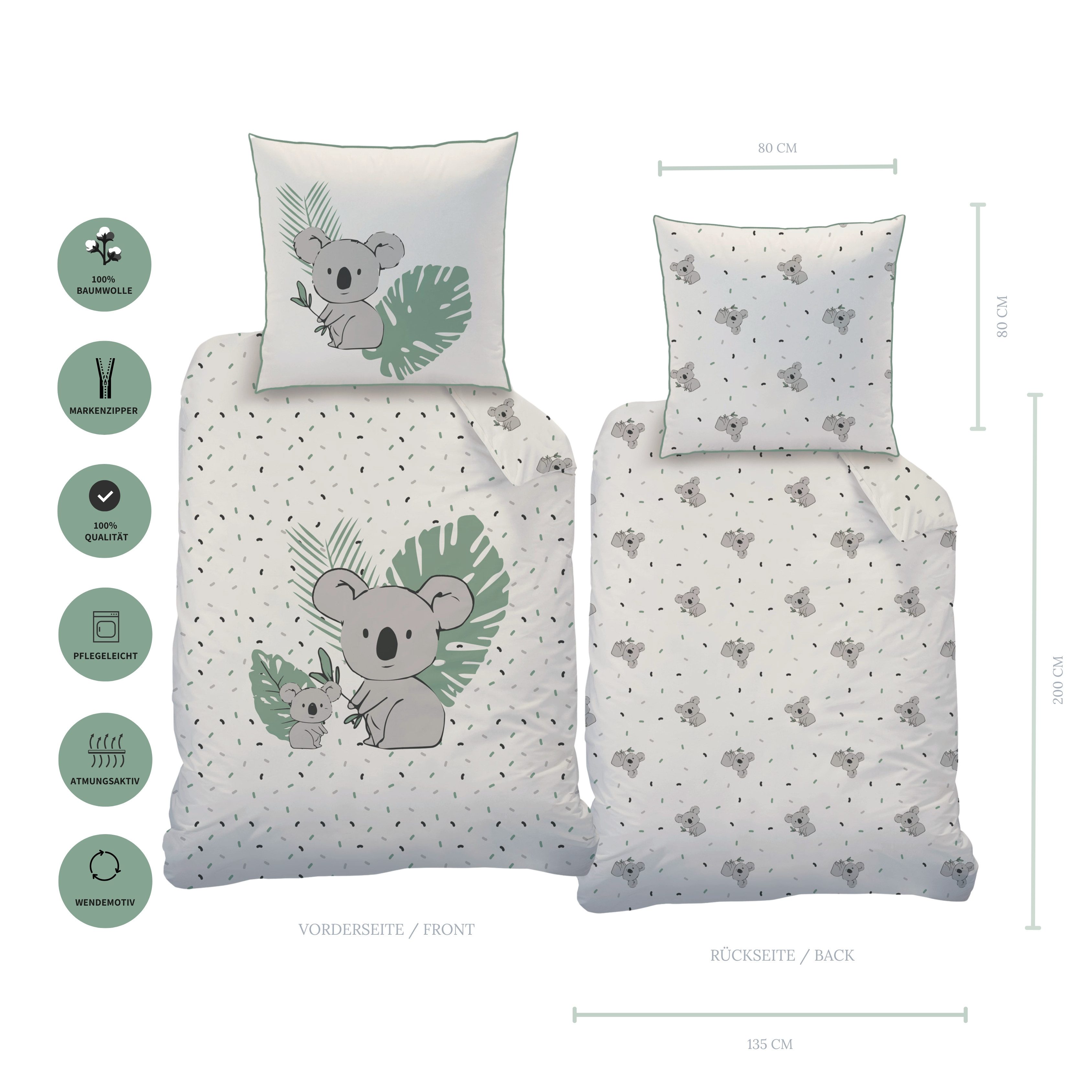 MTOnlinehandel Kinderbettwäsche Koala 135x200 + 80x80 cm, 100 % Baumwolle, günstig online kaufen