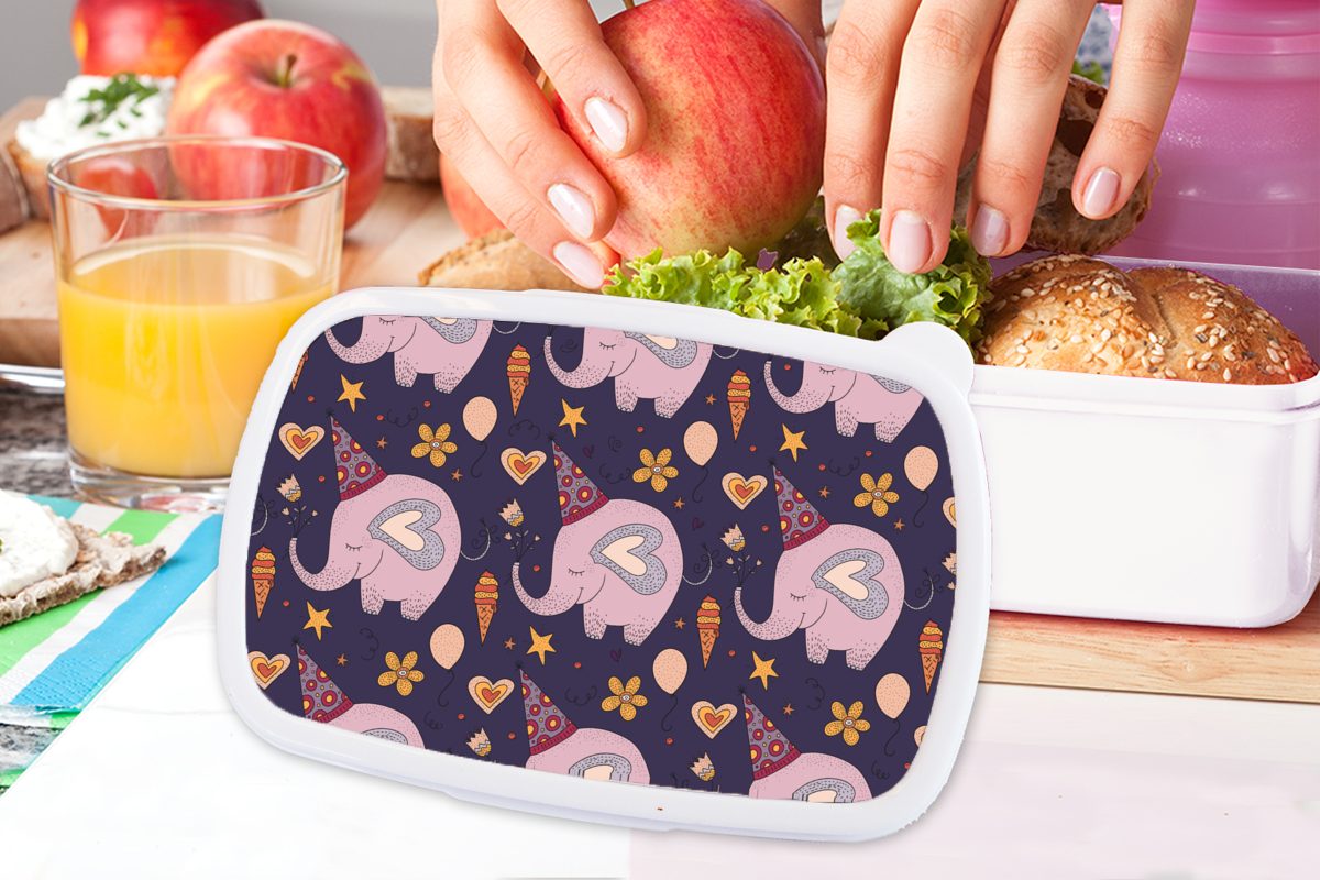 Brotdose, und Muster, Lunchbox MuchoWow Brotbox Geburtstag - und für Erwachsene, weiß Kunststoff, Elefant für (2-tlg), Jungs - Mädchen Kinder