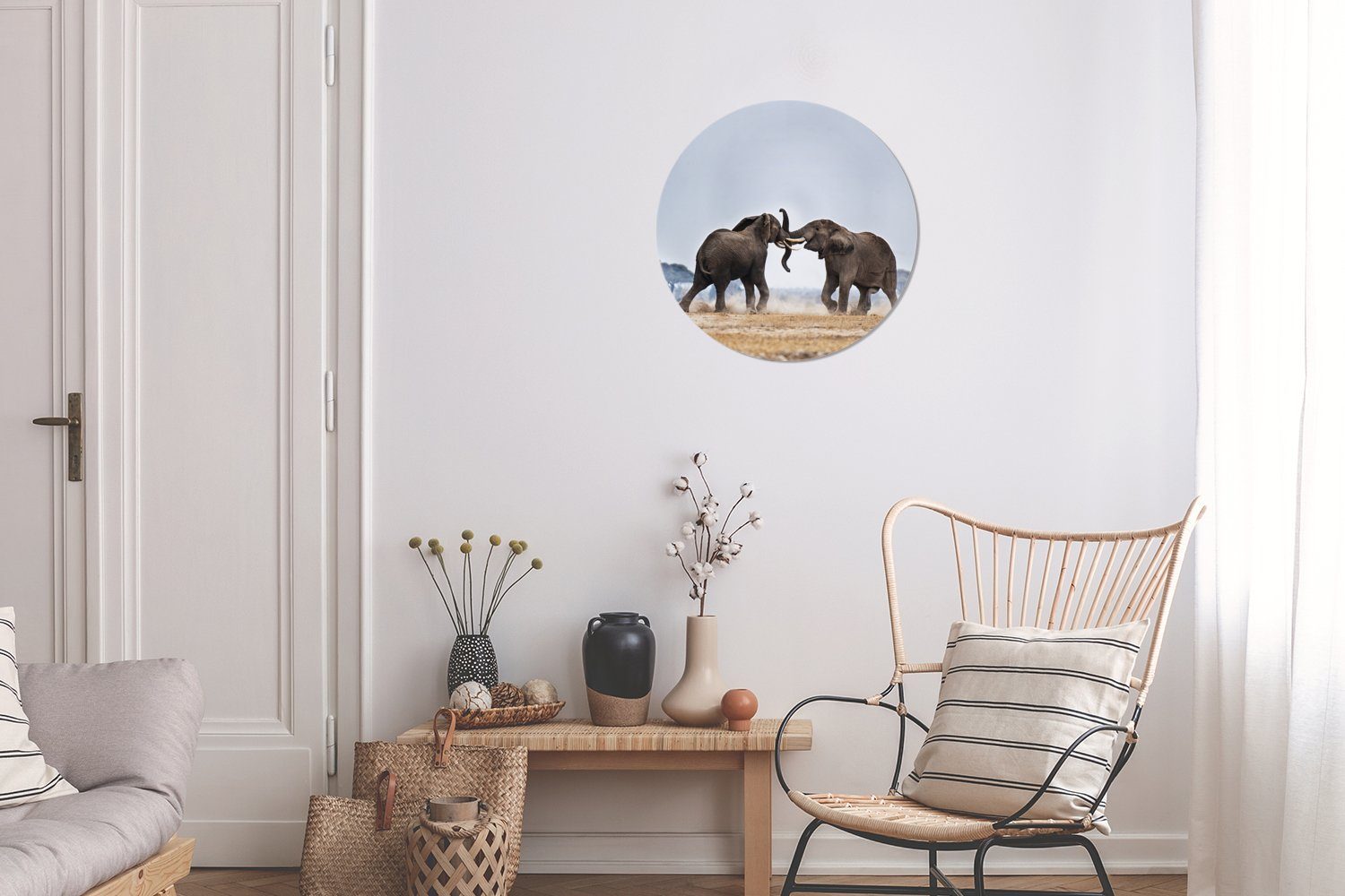MuchoWow Gemälde Kreis - Tiere Wandbild, Wohnzimmer, St), - Natur, Wanddekoration Flachland - Rundes (1 Forex, cm Elefant 30x30
