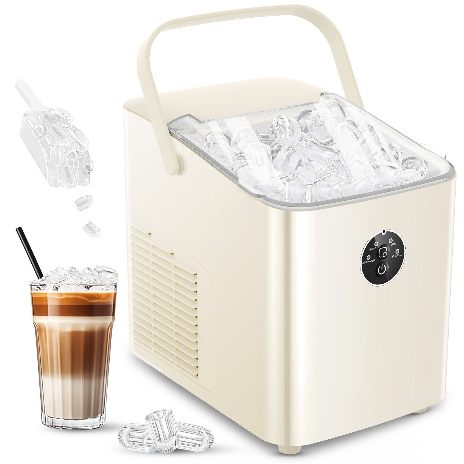 FOHERE Eiswürfelmaschine Klein, 14kg/24h, 6 Min. Eis, 2 Bullet Ice Größen, selbstreinigend, Party/Büro, weiß