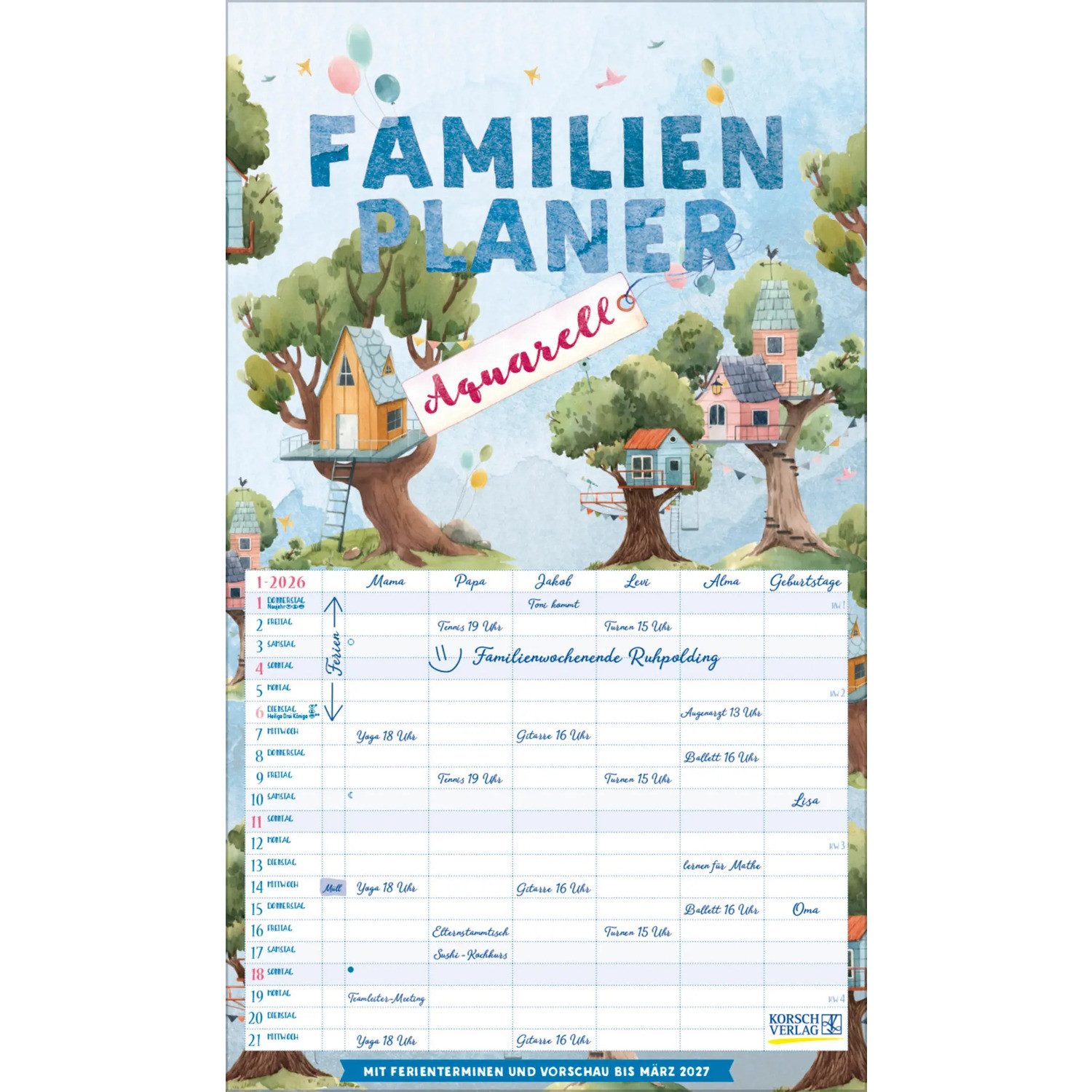 Korsch Verlag Wandkalender Familienplaner Aquarell 2026