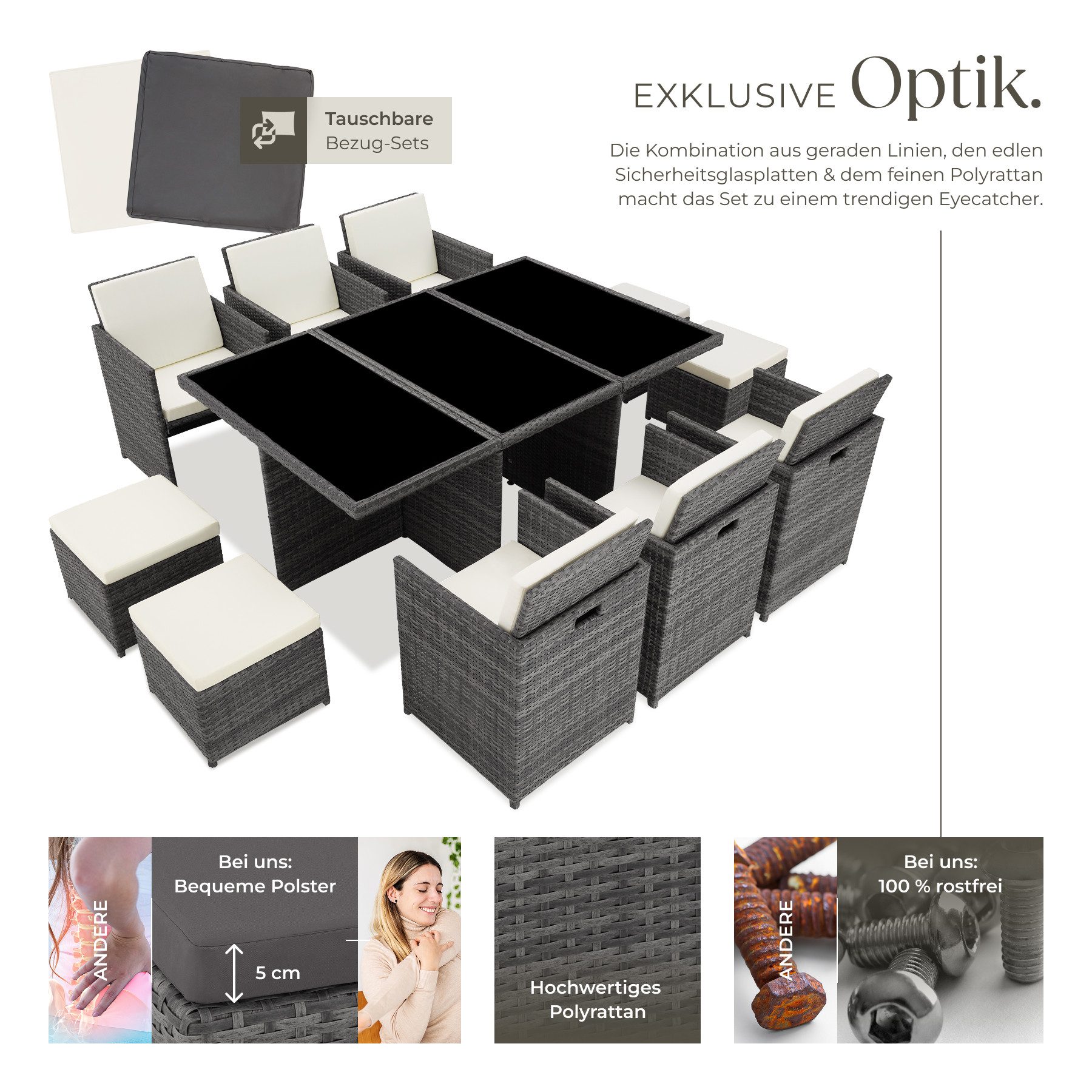 tectake Sitzgruppe Aluminium Rattan Gartenlounge für 6 bis 10 Personen, Inkl., (Loungeset New York, 12-tlg., für Außen in Grau), wetterfest und UV-beständig, 2 Bezugssets, mit Sicherheitsglasplatten