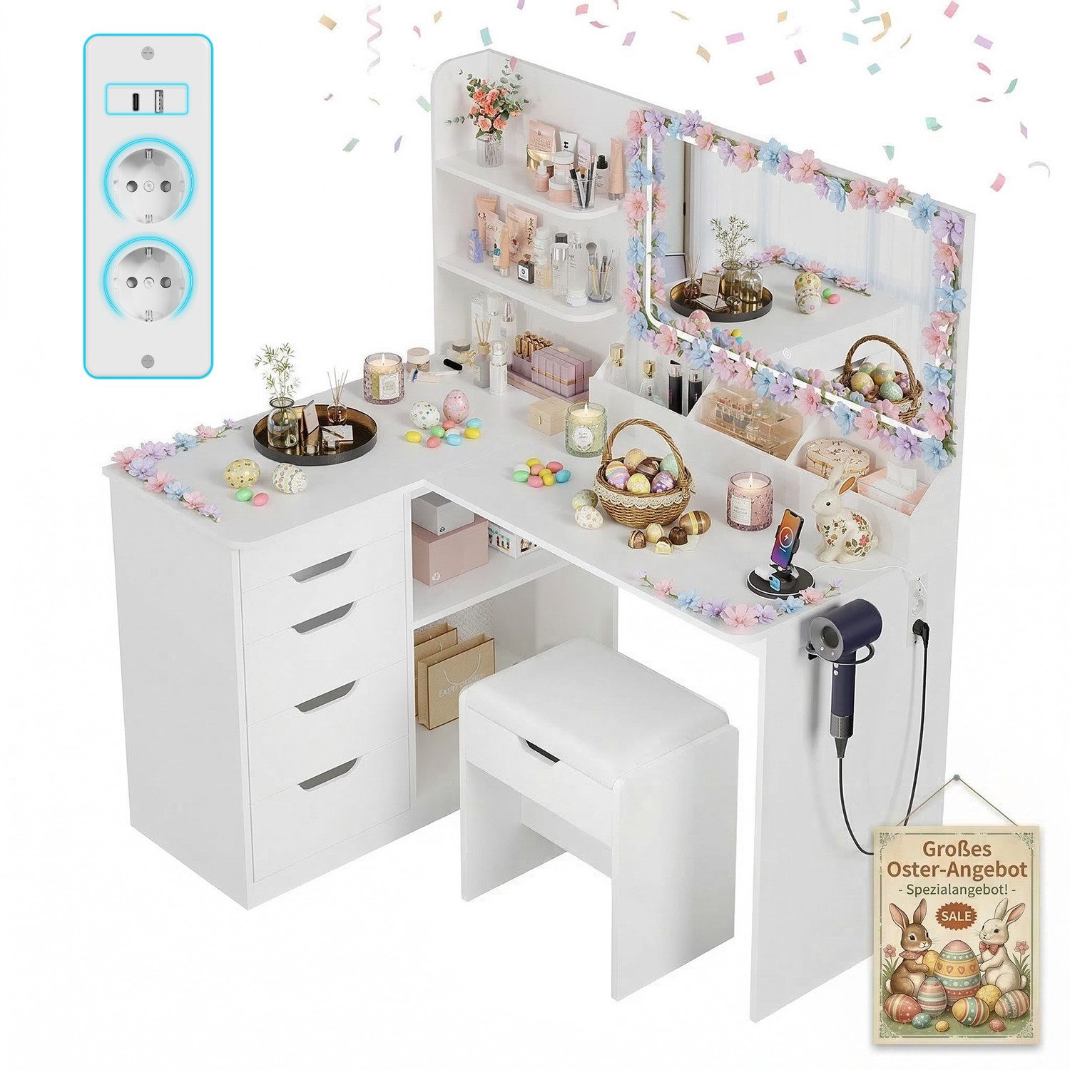 HOMALL Schminktisch Mit Stuhl und dreifarbigem LED-Spiegel, Helligkeit einstellbar (Extra groß: 120 x 80 x 136 cm, 2 Steckdosen + 1 USB-Anschluss + 1 Typ-C-Anschluss, 5 Schubladen + 8 Ablagefächer – für ein perfektes Schminkerlebnis)