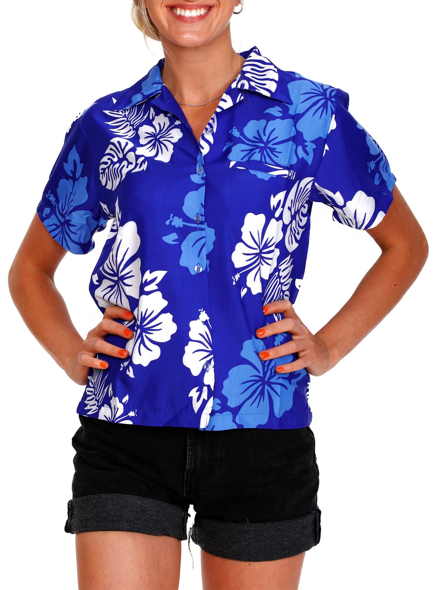 King Kameha Hawaiihemd Mono Hibiscus Funky Hawaiibluse Damen Kurzarm Front-Tasche Stylish