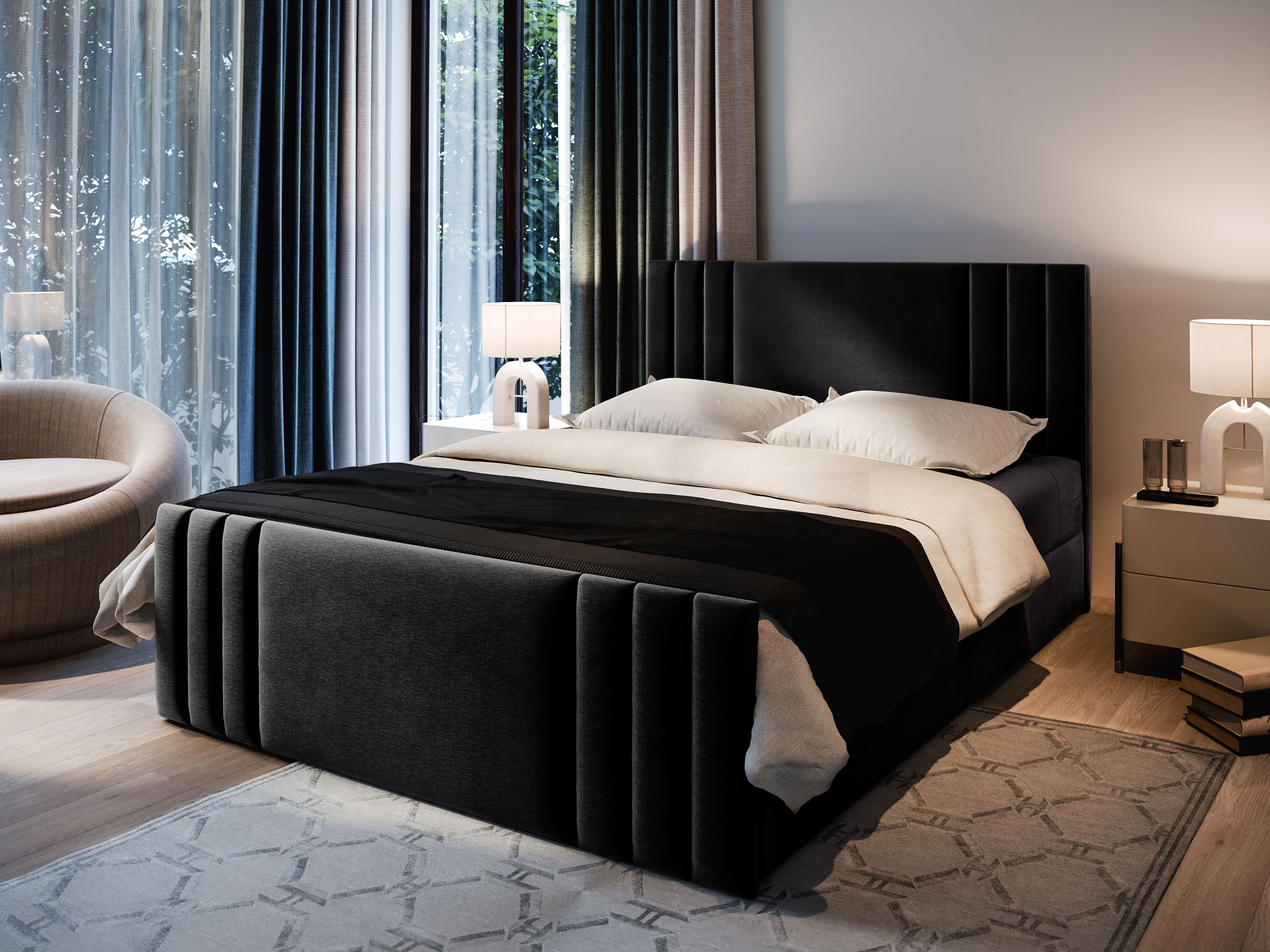 Masseno Boxbett KANES 160x200 cm mit Bonell Matratze und Topper, Doppelbett, Polsterbett mit Kopfteil, Boxspringbett