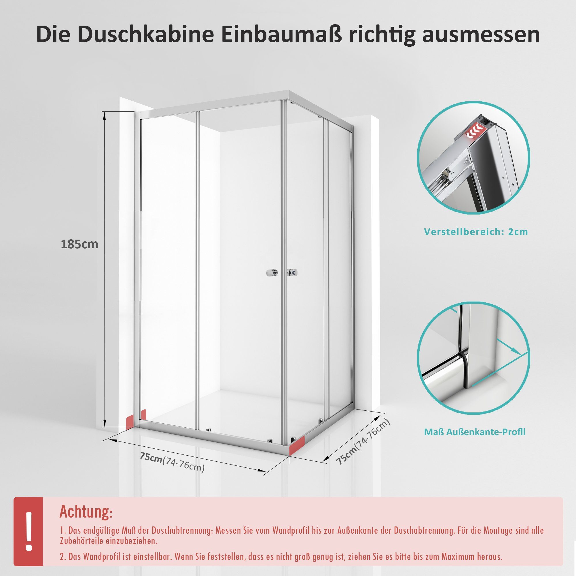 Boromal Eckdusche Duschkabine 75x75 Schiebetür Eckeinstieg Duschwand Dusche 5mm ESG Glas, BxT: 75x75 cm, Einscheibensicherheitsglas, Duschwand Duschabtrennung
