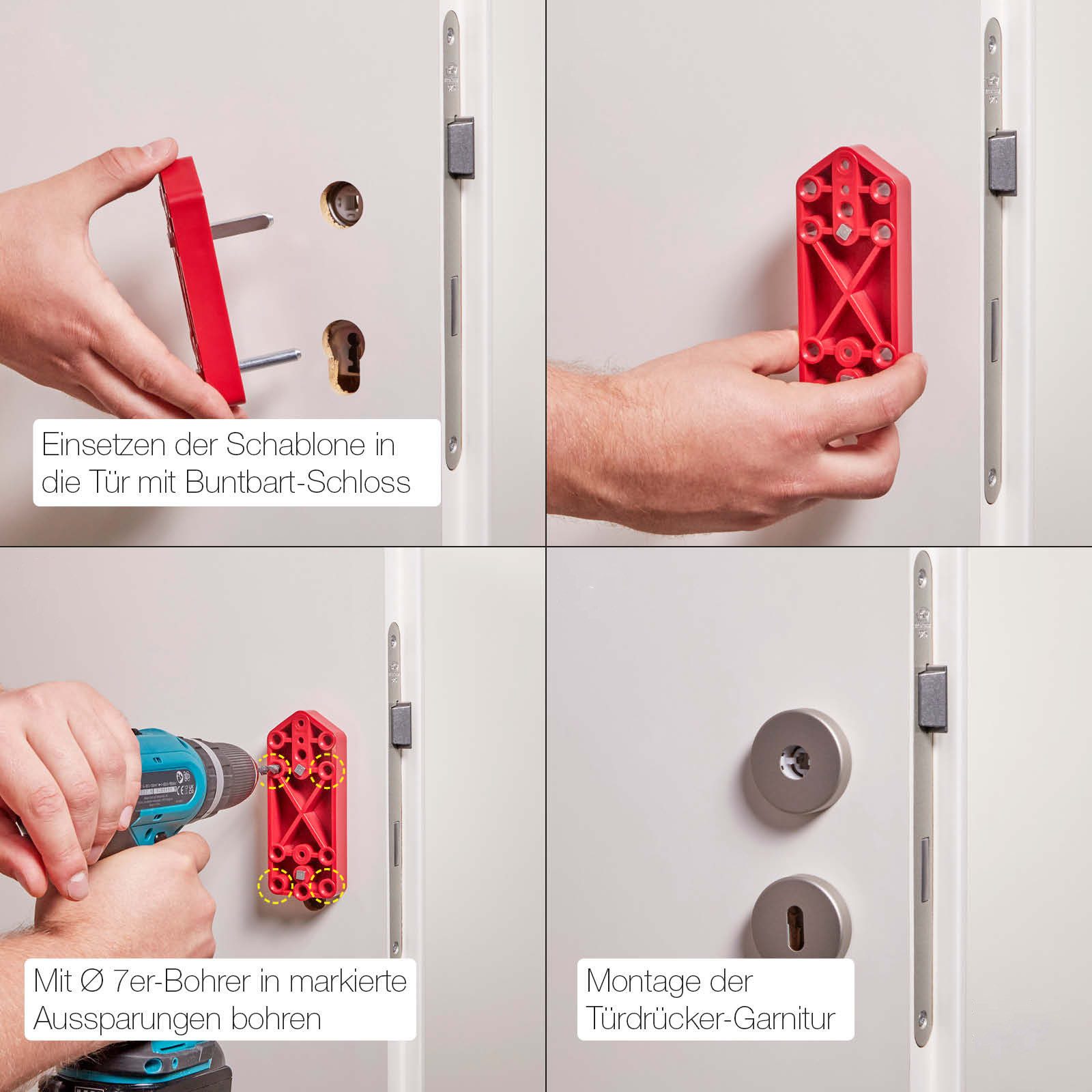 SO-TECH® Bohrlehre für Türdrücker mit Rosettengarnitur (mit 72, 78, 92 mm Entfe, 1-tlg., für Türen mit Buntbart, Profilzylinder, WC & Wechselschloss