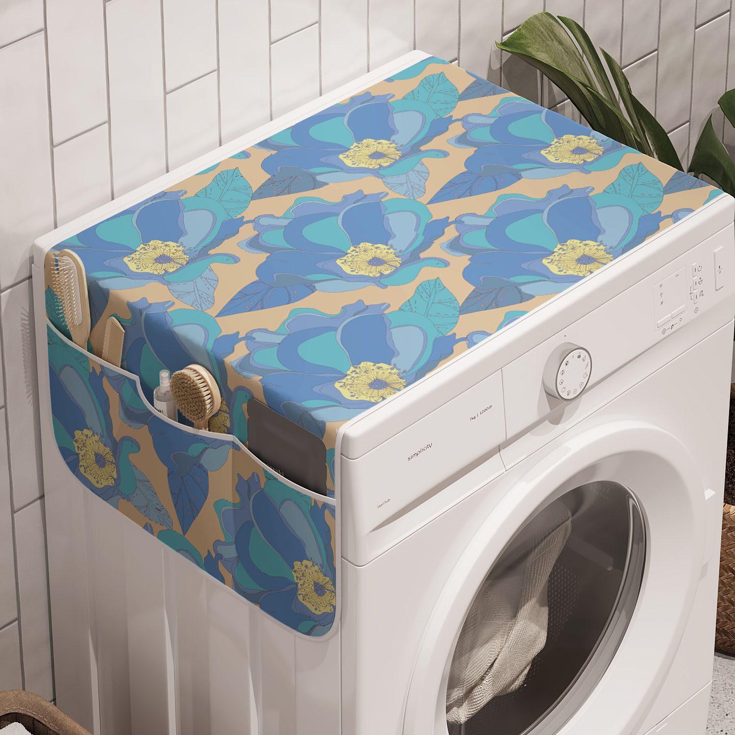 Abakuhaus Badorganizer Anti-Rutsch-Stoffabdeckung für Waschmaschine und Trockner, Natur Retro blaue Blumen und Blätter