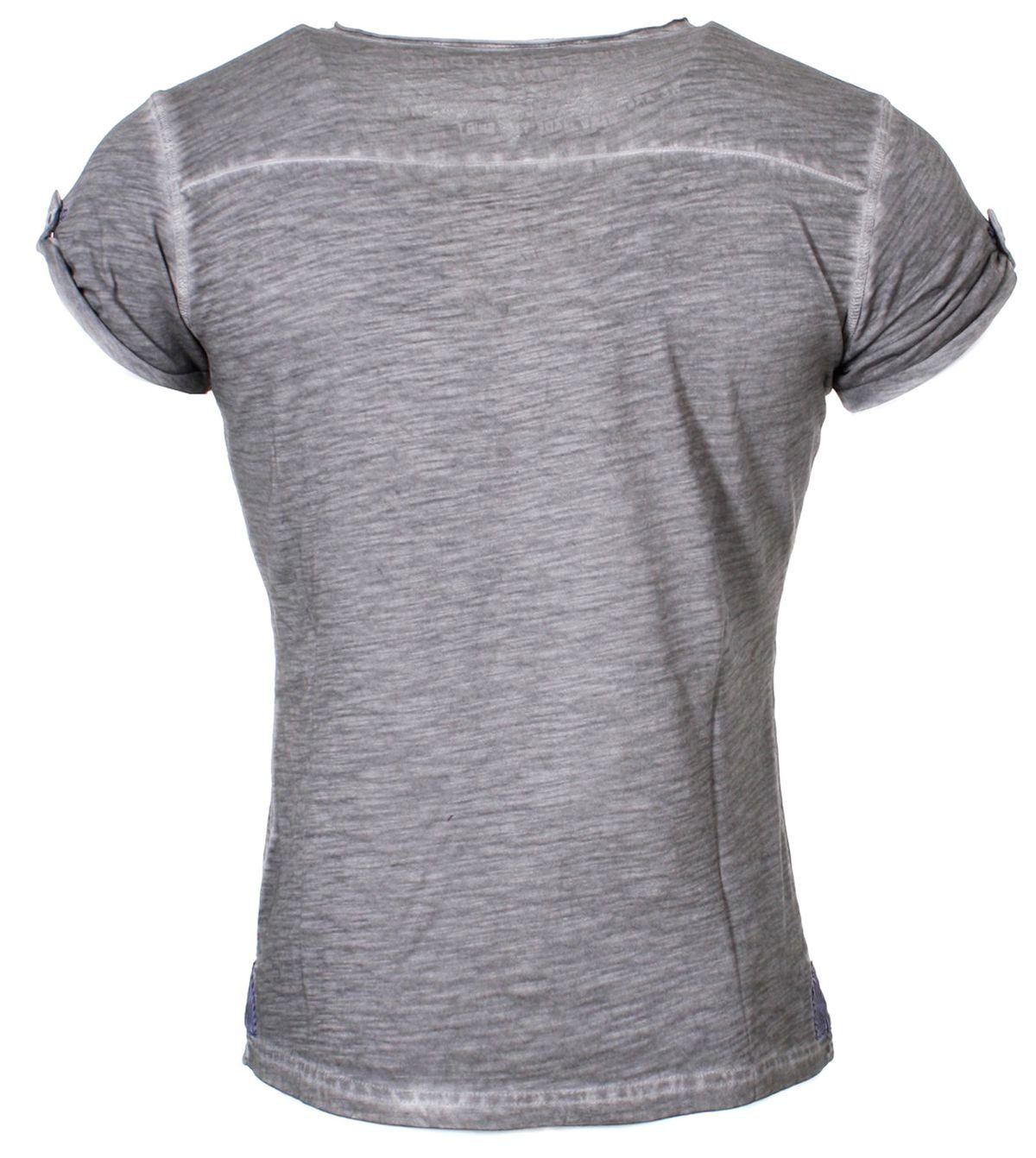 Largo T-Shirt Key kurzarm unifarben für Grau slim vintage Look Herren fit MT00023 mit Knopfleiste Arena button