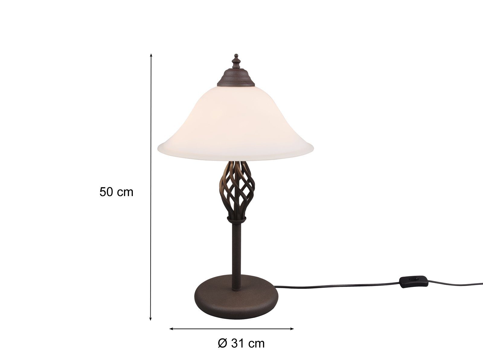 TRIO Leuchten LED Nachttischlampe, Dimmfunktion, LED wechselbar, Warmweiß, große Landhaus-stil in Rostoptik mit Glas Lampenschirm Höhe 50cm