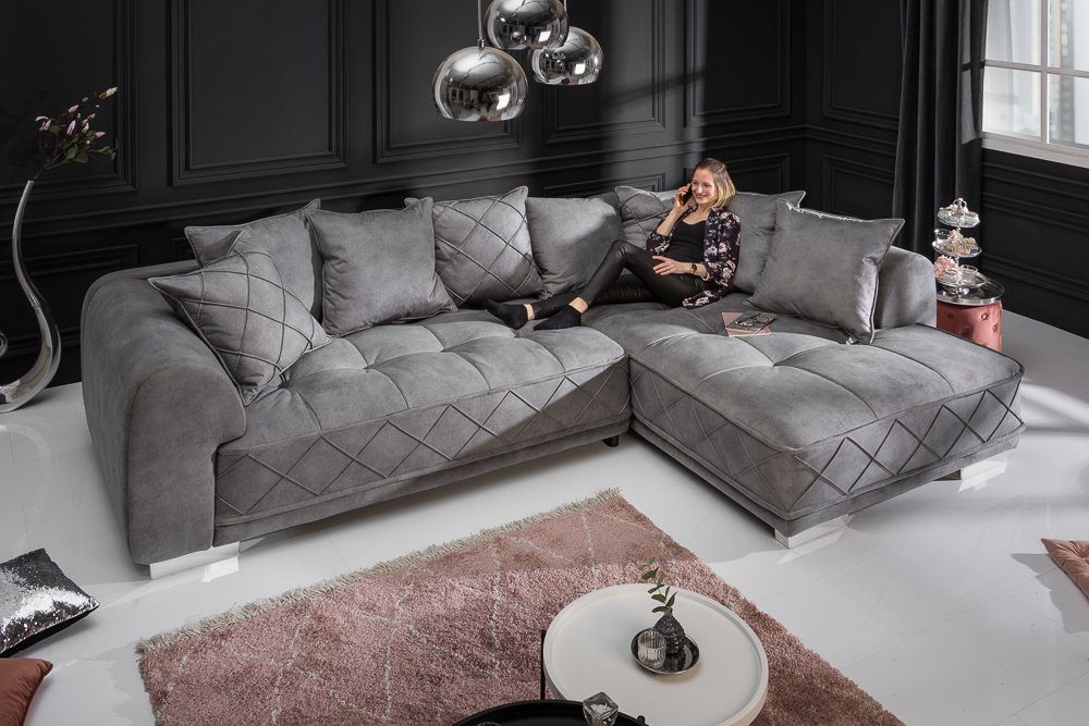 Couch · · riess-ambiente 320cm Ecksofa Wohnzimmer Samt inkl. Teile, · Kissen Modern · · L-Form XXL Design 1 Einzelartikel DECADENCIA silbergrau,