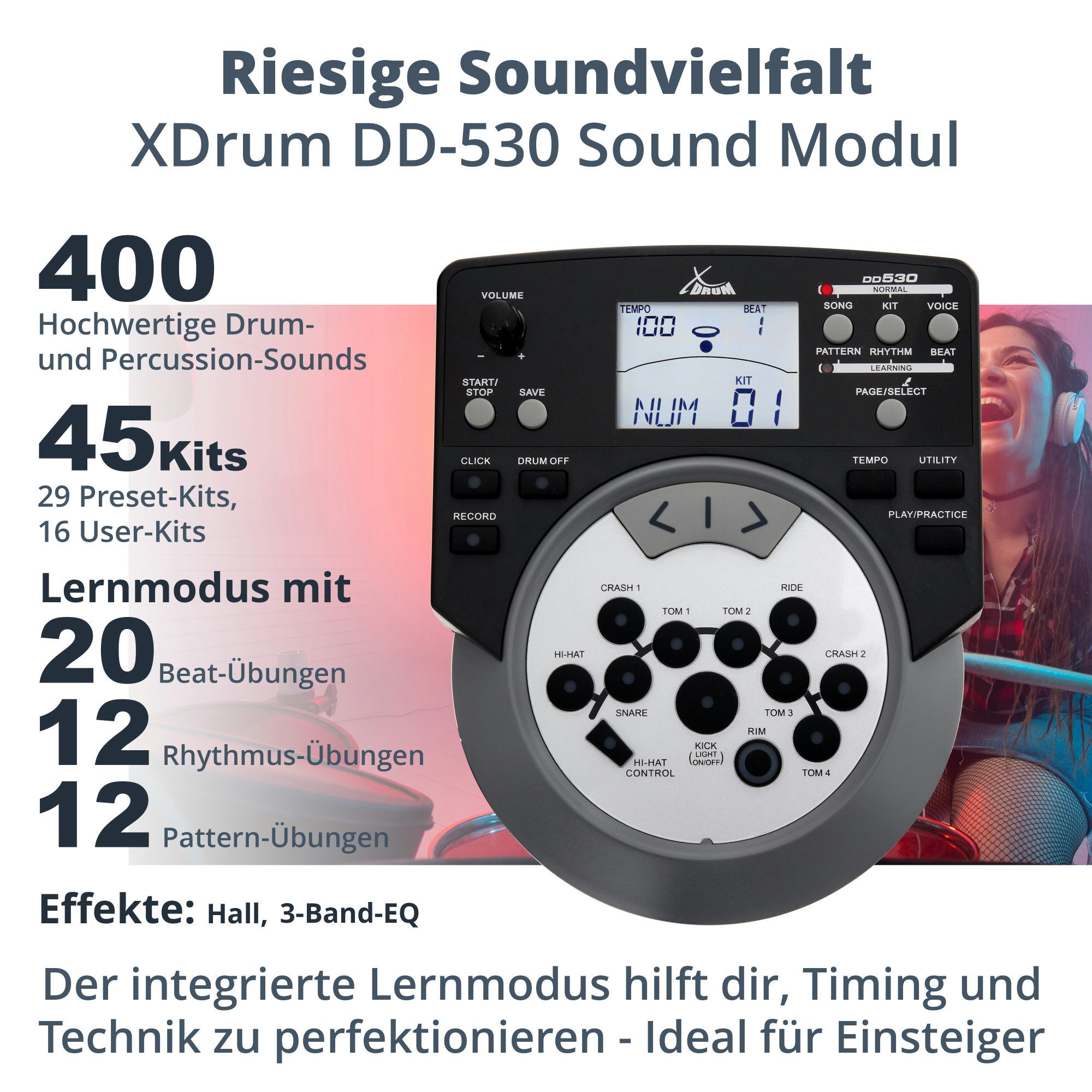 XDrum E-Drum DD-530 E-Drum mit Mesh Heads inkl. Hocker Set, 13-St., USB MIDI, 45 Drumkits, 400 Sounds und Lernmodus